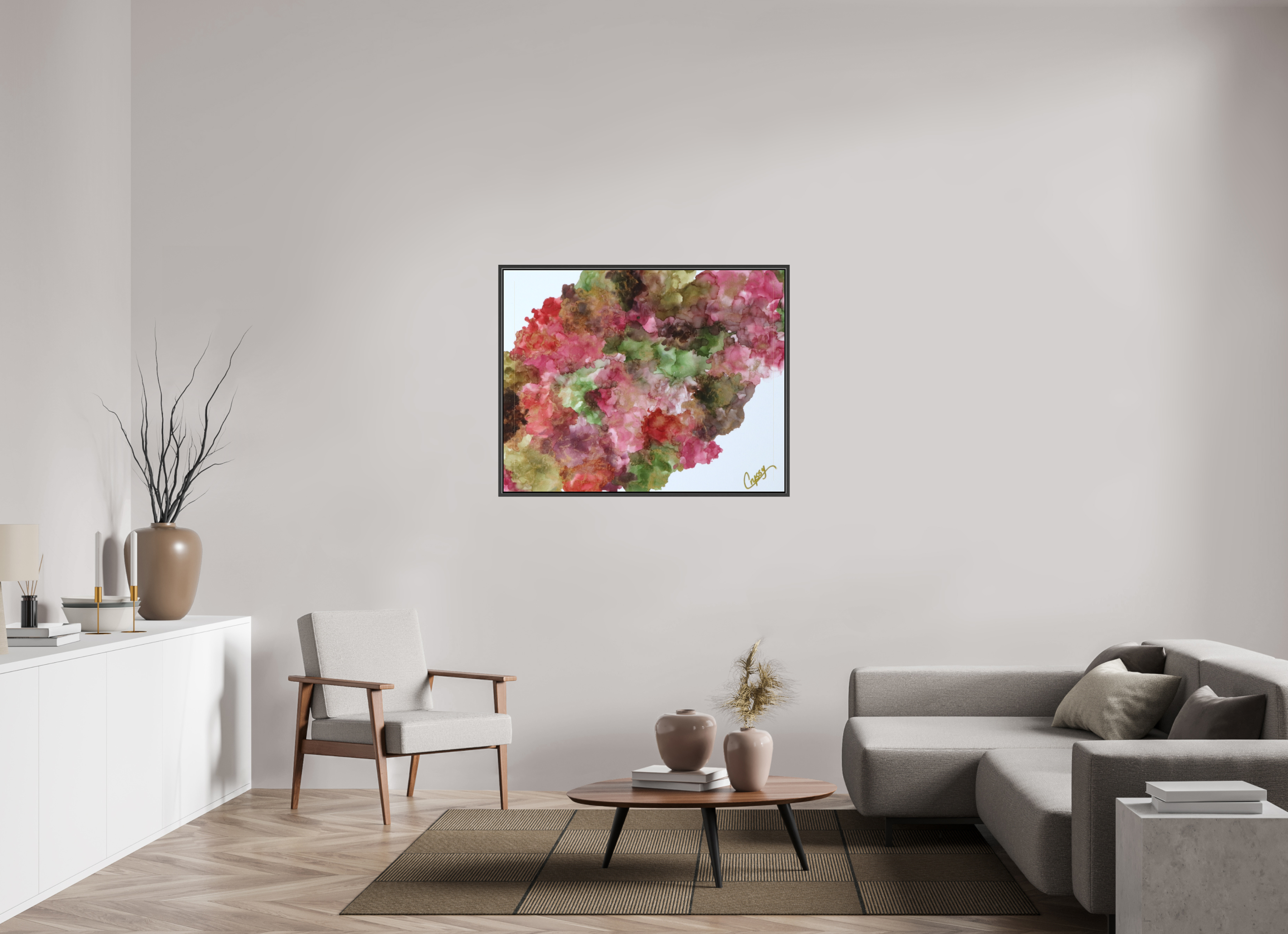 44.5 x 35″, *.7" Matte Canvas with Black Oak Frame Floral Density