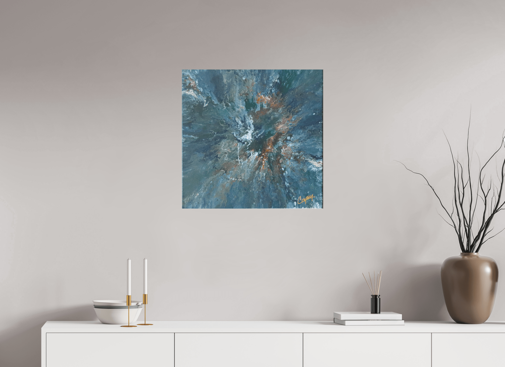 Teal Flux - Original Tilt Pour Painting - The Living Abstract
