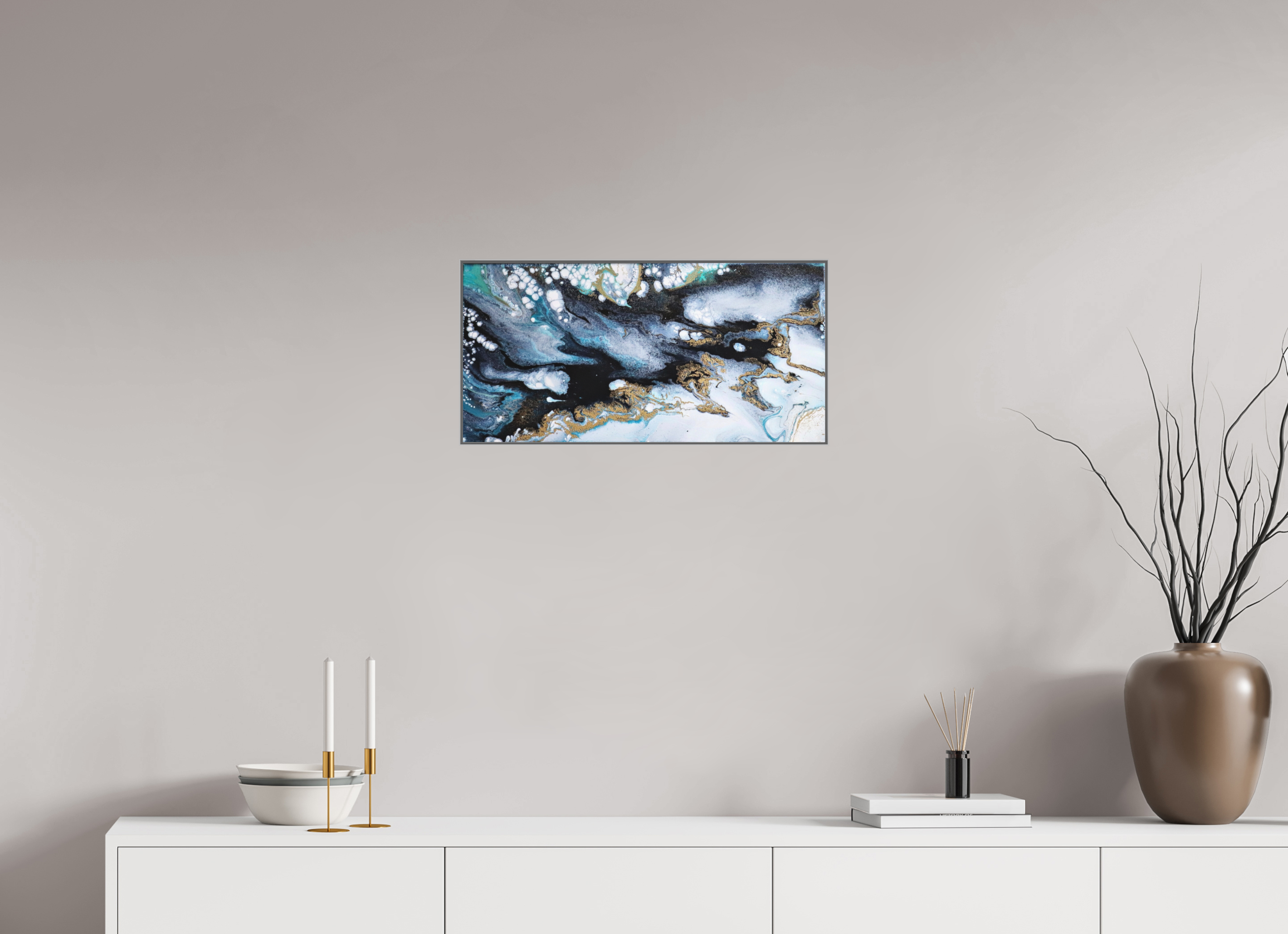 24.3 x 12″, *Aluminum Artbox 1" on fine art paper under acrylic matte glass Ocean Blues - Original Acrylic Tip Pour