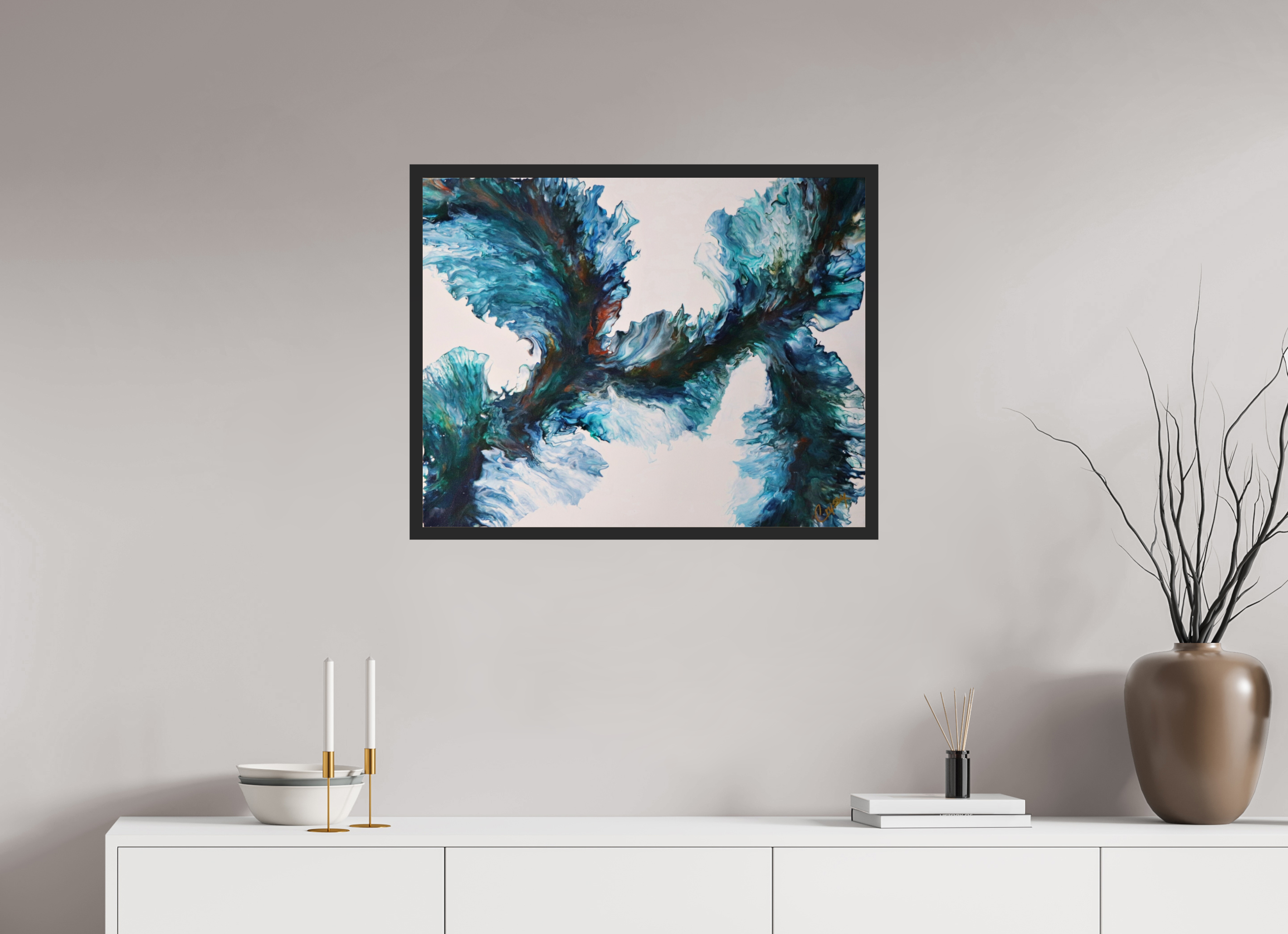30.2 x 24″, *Photo Print Under Acrylic Glass Black Matte Frame River Blues - Original Dutch Pour Painting