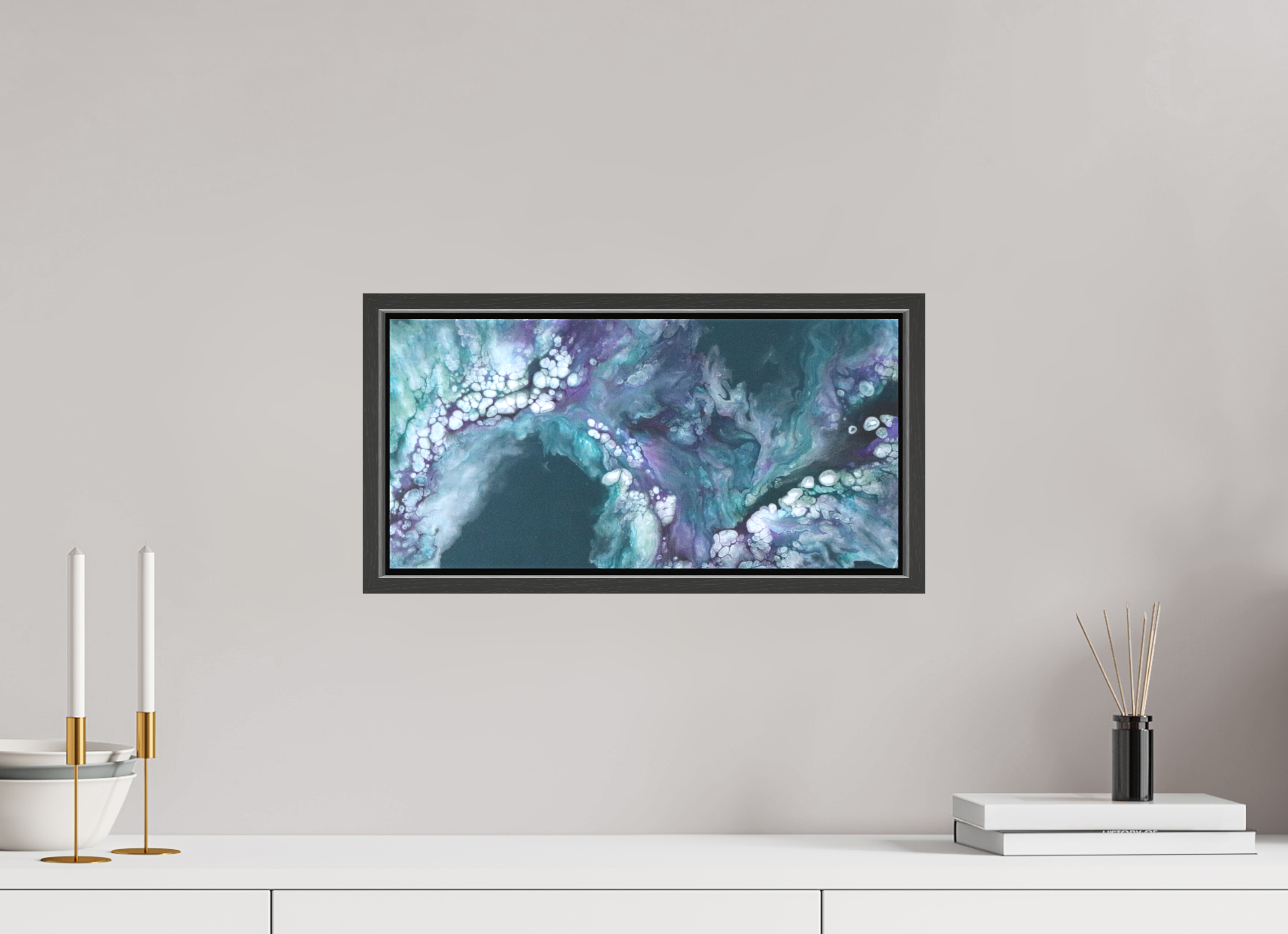 16.8 x 8″, *.7" Matte Canvas with Black Oak Frame Teal Tidal Wave