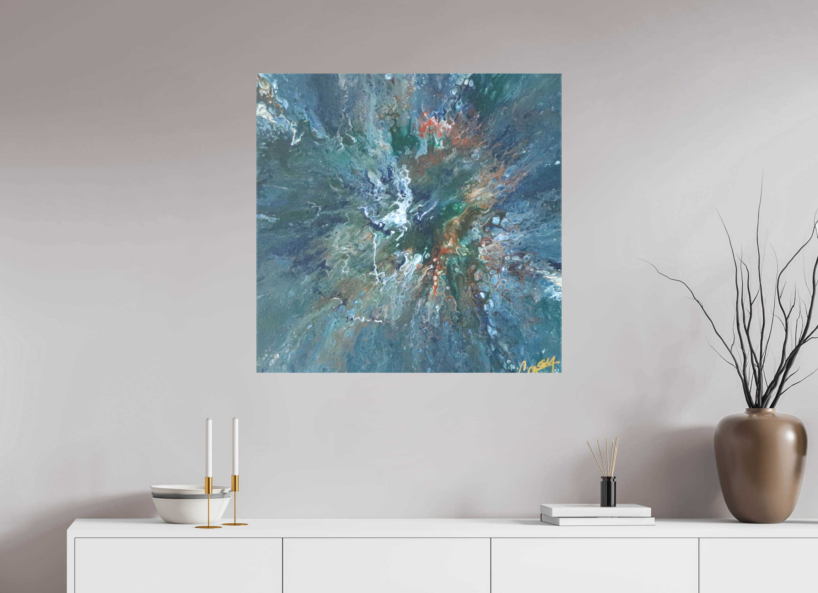 31.6 x 31″, *1.25" Matte Canvas No Frame Teal Flux - Original Tilt Pour Painting