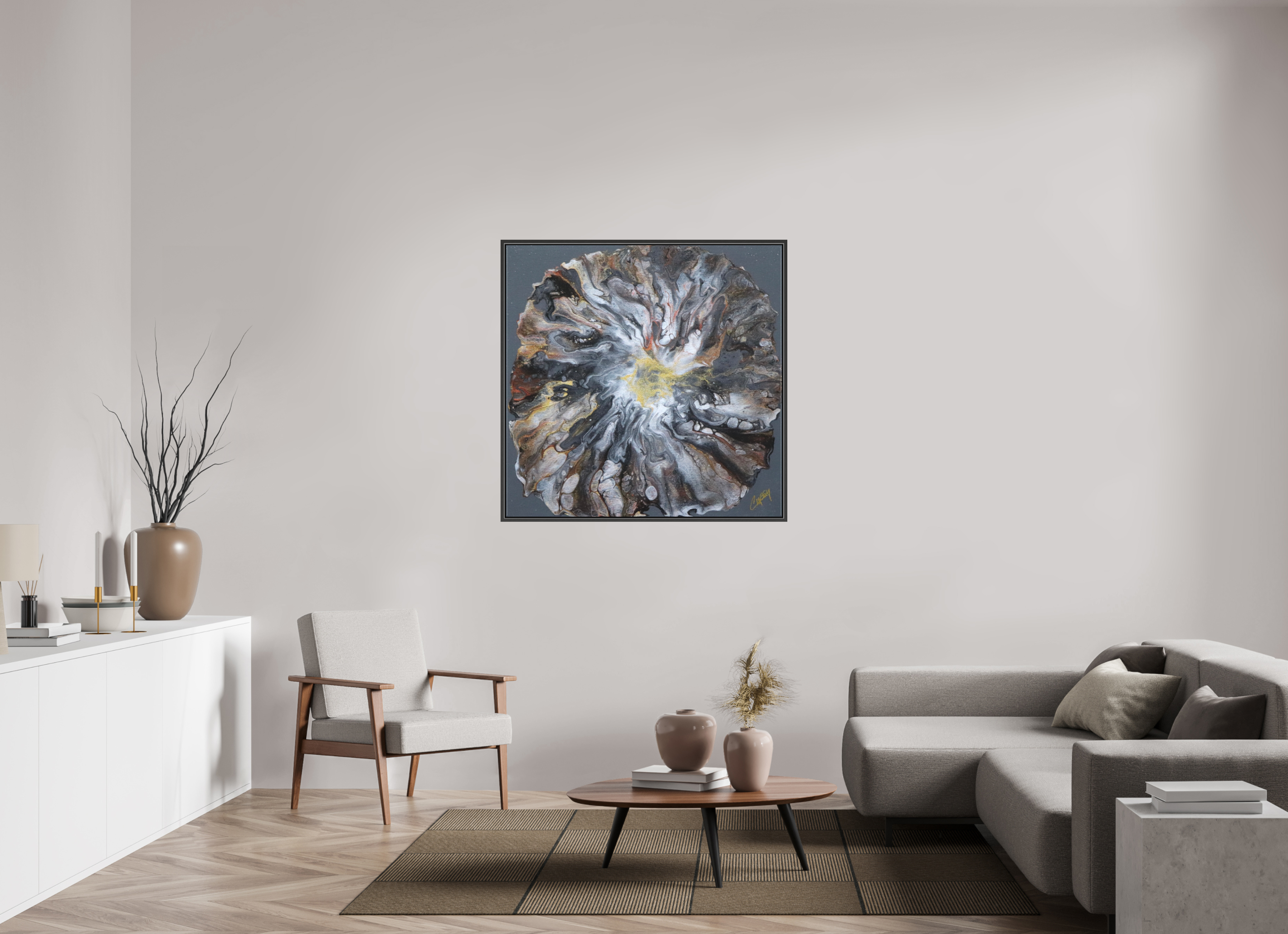 43.7 x 43″, *.7" Matte Canvas with Black Oak Frame Copper Bloom II