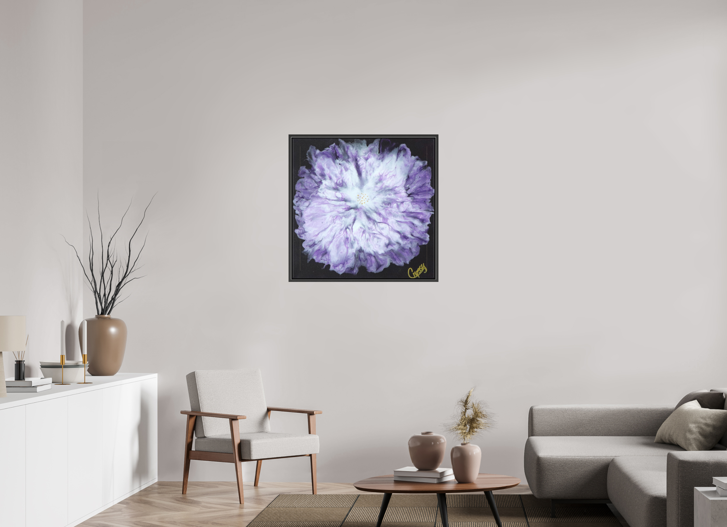 31.5 x 31″, *.7" Matte Canvas with Black Oak Frame Purple Paisley - Original Acrylic Dutch Pour Painting