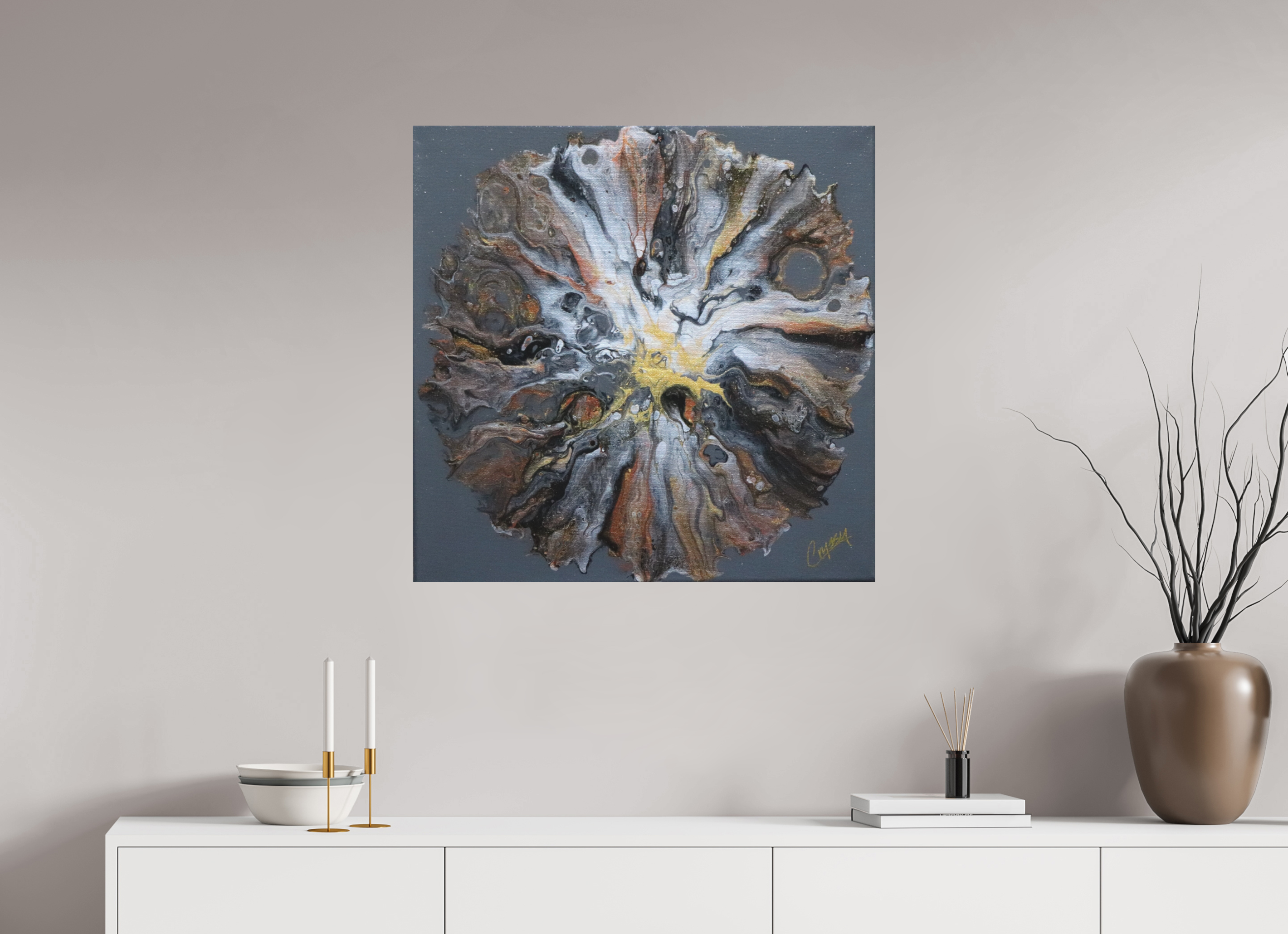 31.4 x 31″, *Photo Print on Fuji Silk with Black Frame copper Bloom