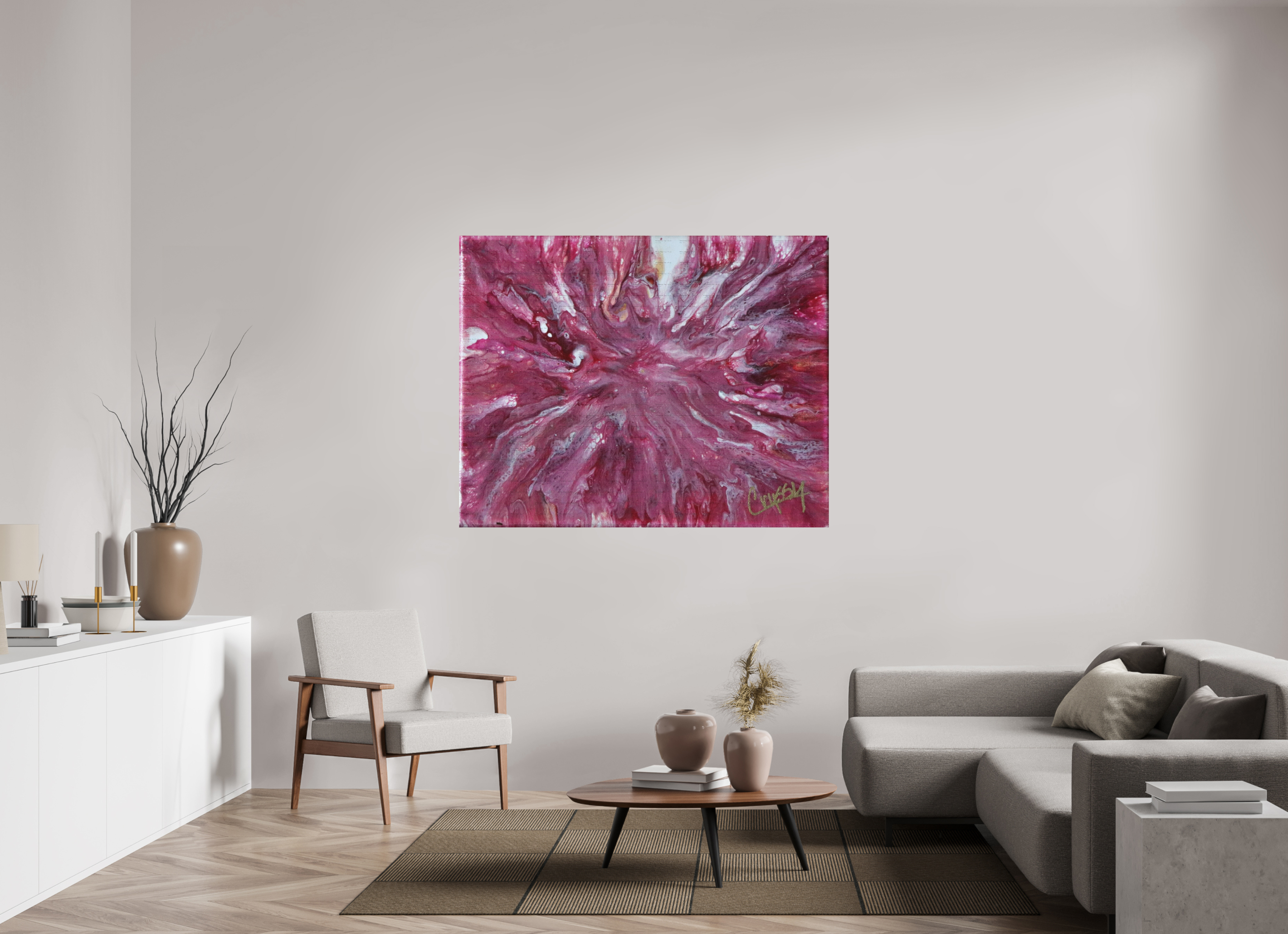59.5 x 47″, *SAMPLE Photo Print on Fuji Silk Paper no frame Pink Explosion - Original Dutch Pour Acrylic Painting