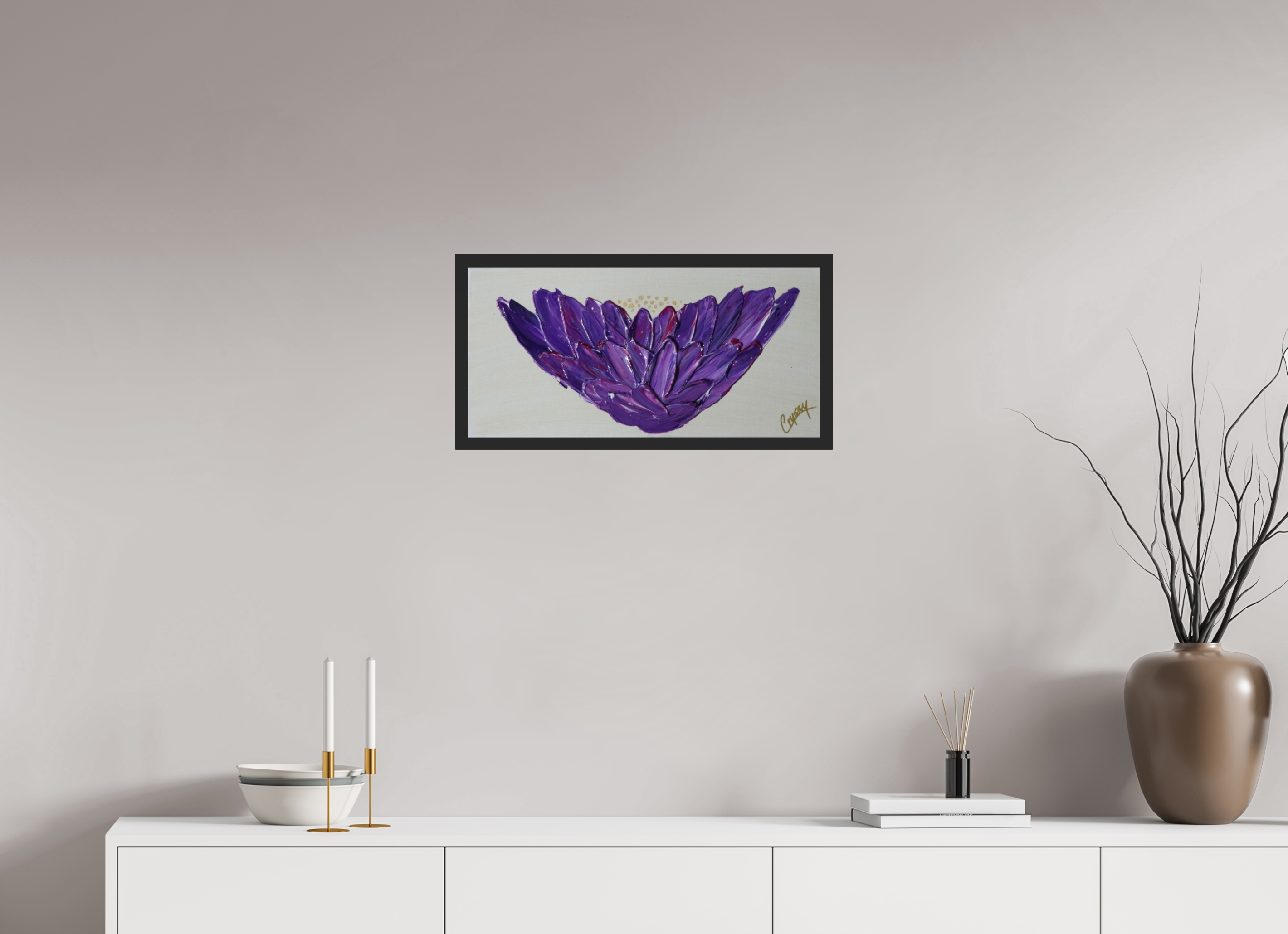 24.2 x 12″, *Photo Print Under Acrylic Glass Black Matte Frame Purple Lotus - Textured Acrylic Paint