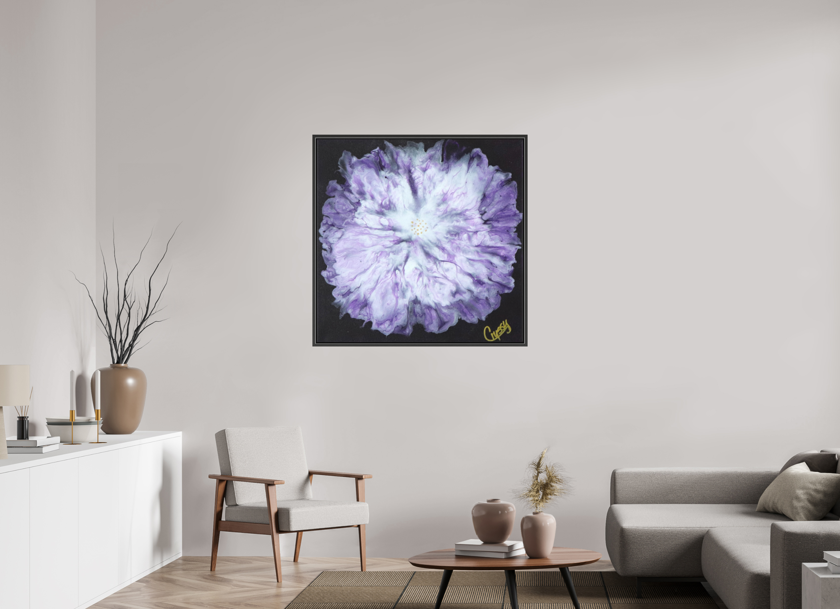 39.6 x 39″, *.7" Matte Canvas with Black Oak Frame Purple Paisley - Original Acrylic Dutch Pour Painting