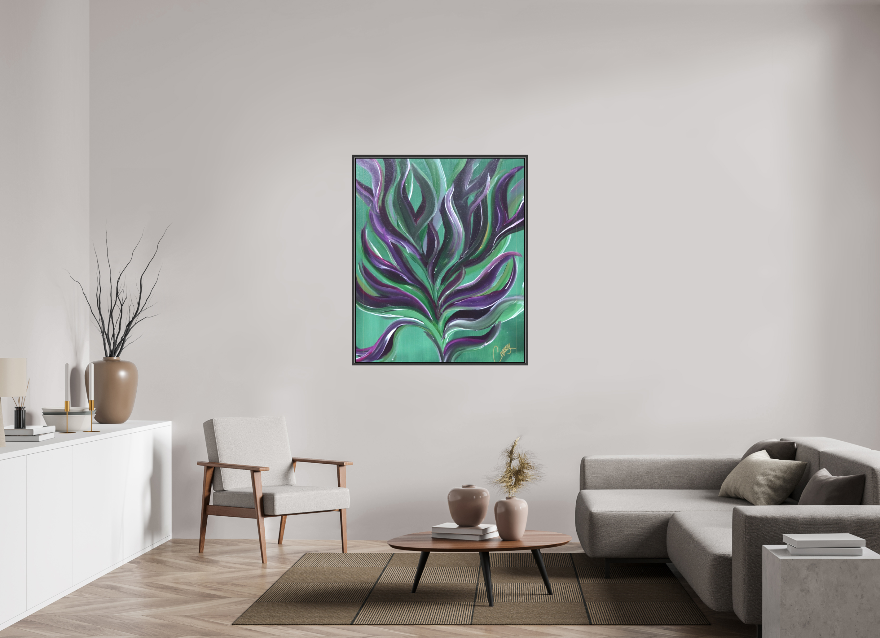 39 x 47.2″, *.7" Matte Canvas with Black Oak Frame Large Botanical - Original Abstract Acrylic Painting