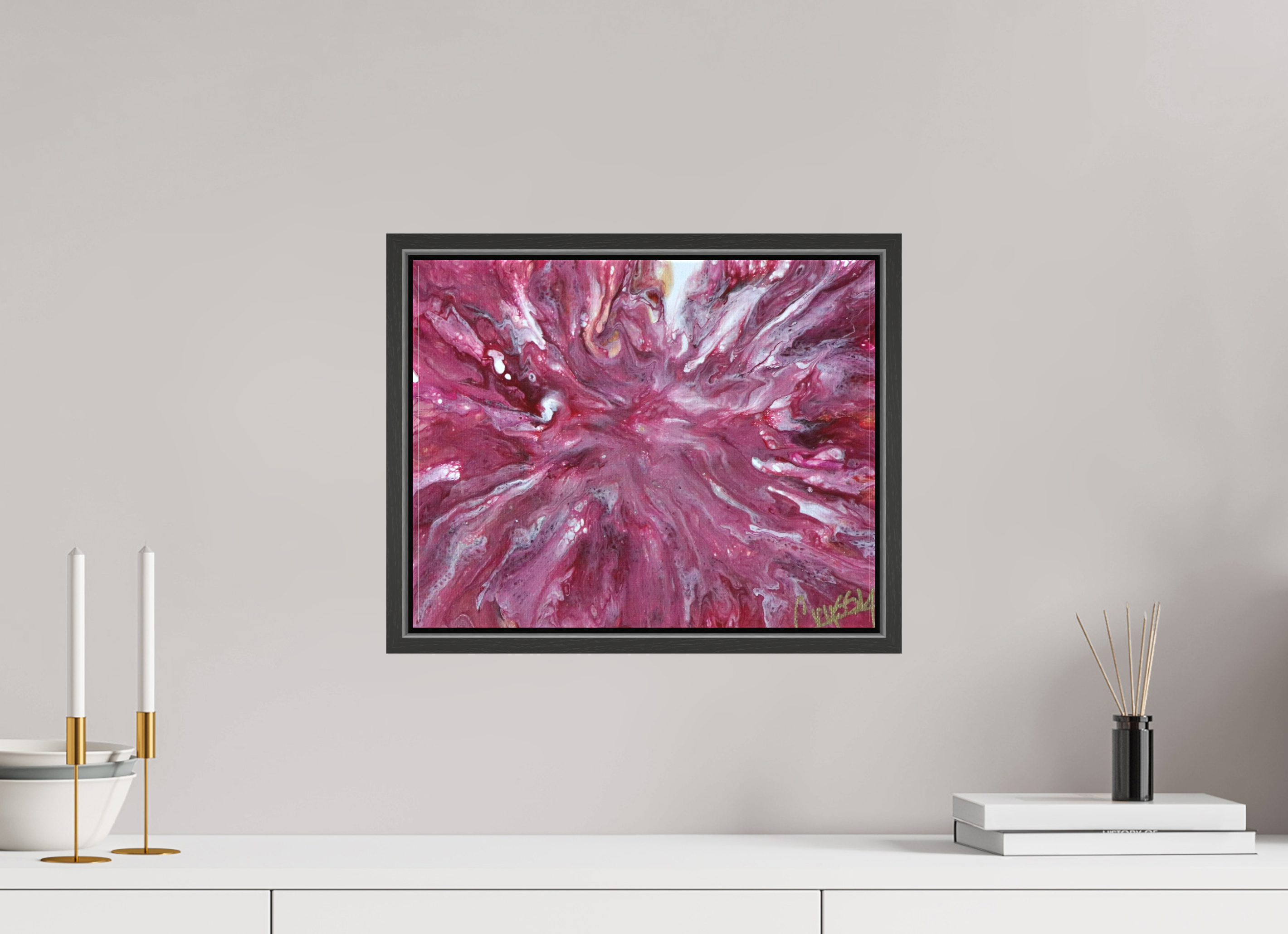 15.2 x 12″, *.7" Matte Canvas with Black Oak Frame Pink Explosion - Original Dutch Pour Acrylic Painting