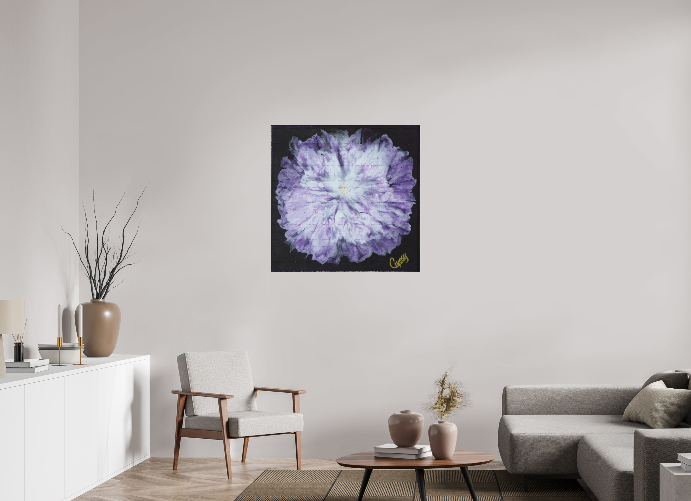 35.6 x 35″, *SAMPLE Photo Print on Fuji Silk Paper no frame Purple Paisley - Original Acrylic Dutch Pour Painting
