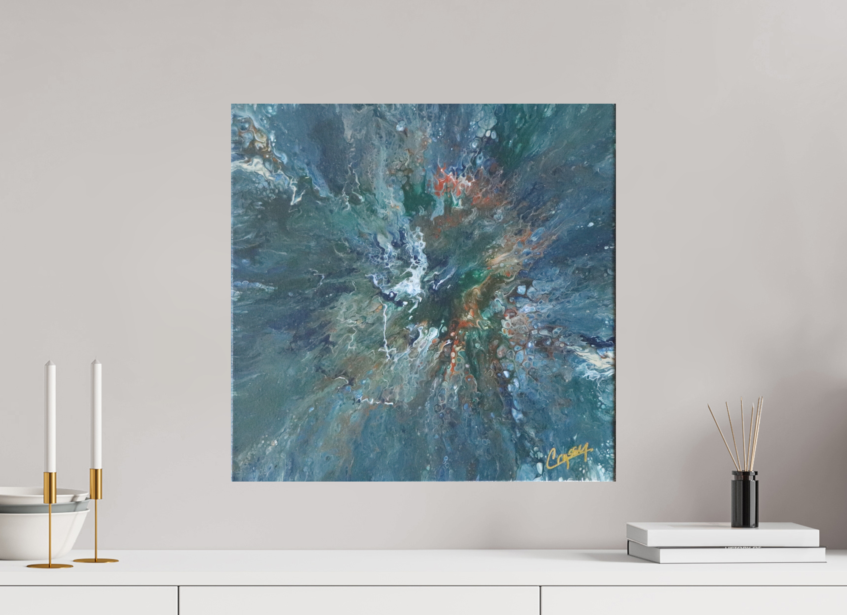 20.4 x 20″, *Photo Print on Fuji Silk Paper No Frame Teal Flux - Original Tilt Pour Painting