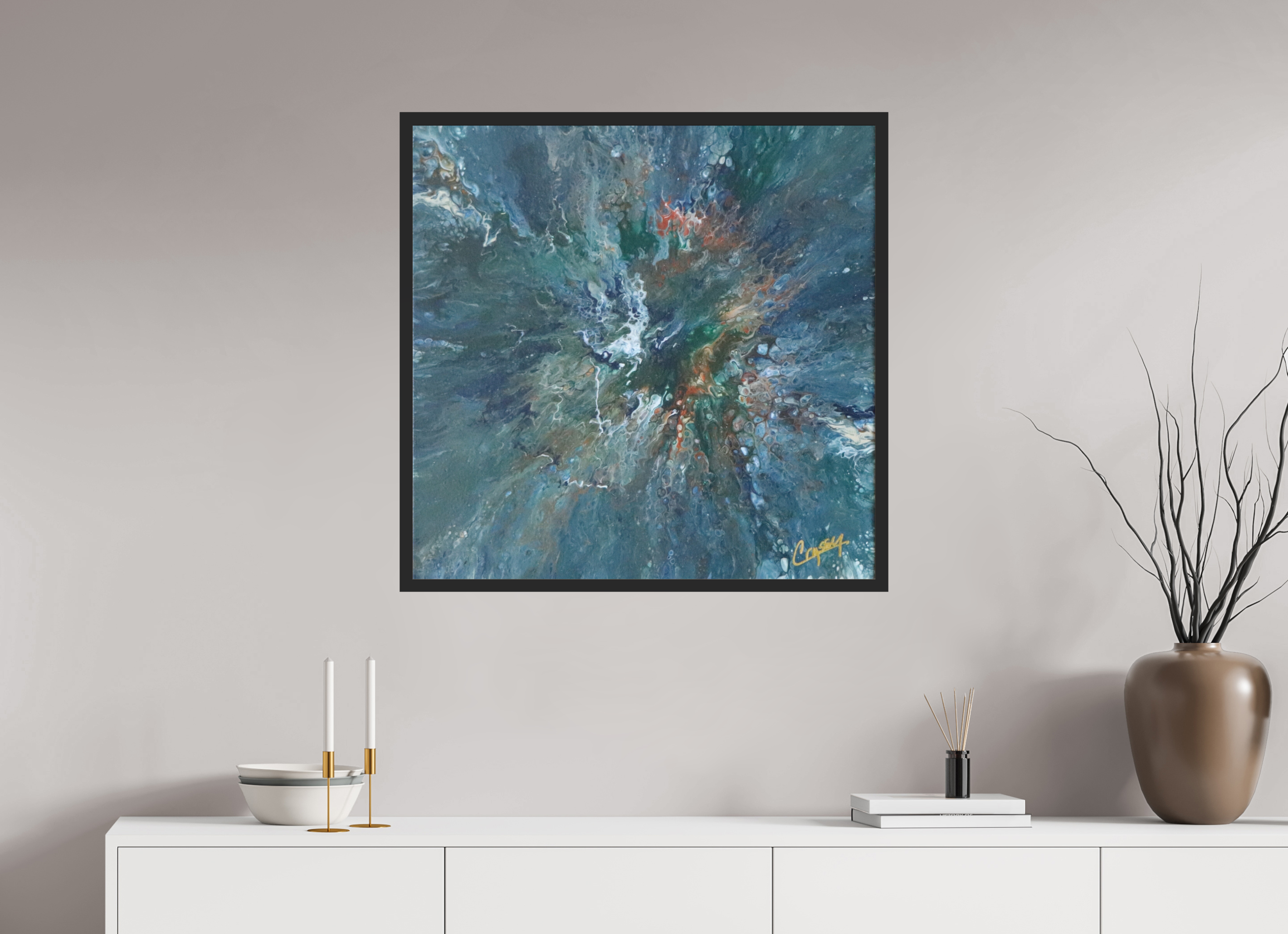 31.6 x 31″, *Photo Print Under Acrylic Glass Black Matte Frame Teal Flux - Original Tilt Pour Painting