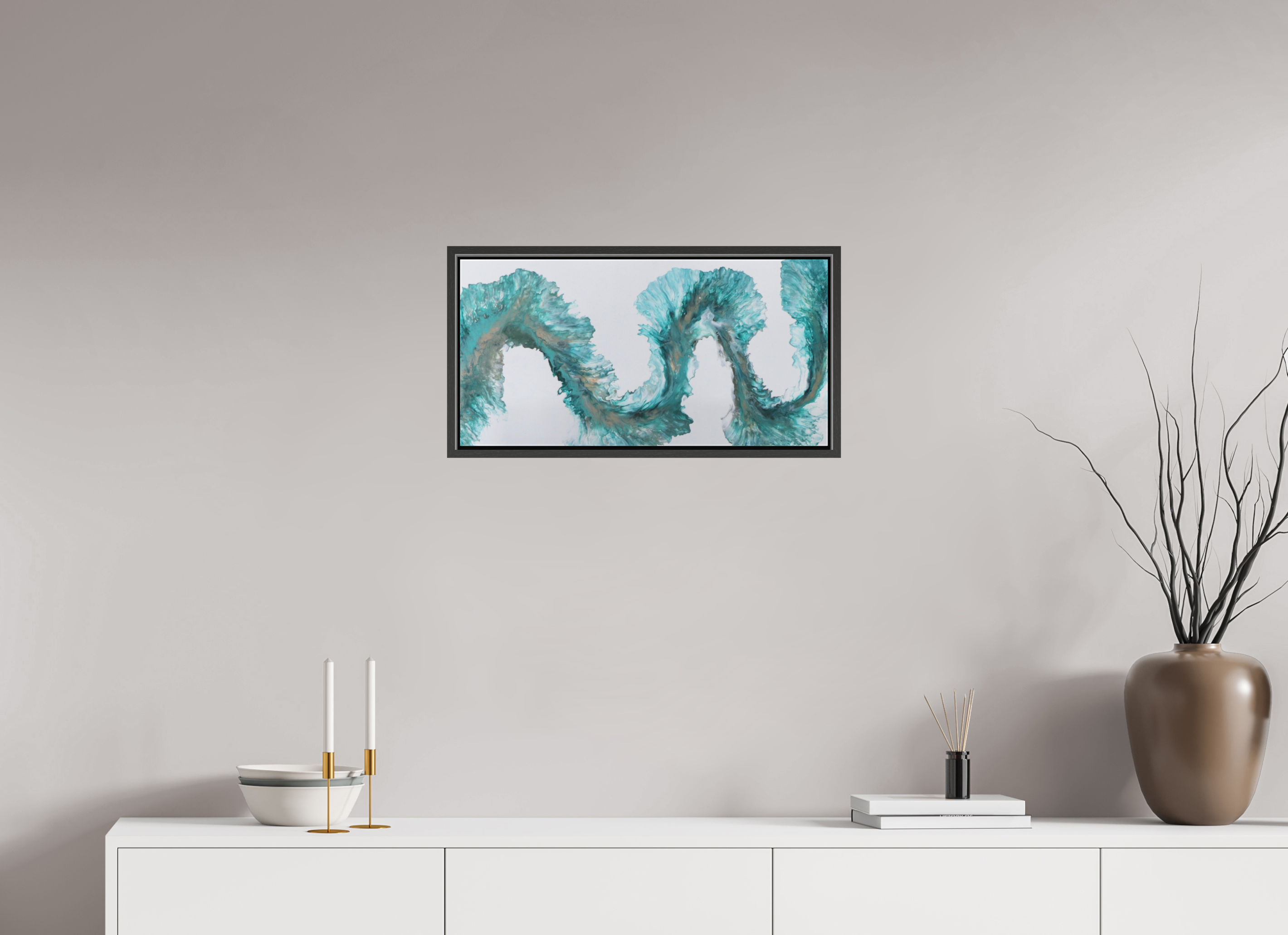 24.1 x 12″, *.7" Matte Canvas with Black Oak Frame Tidal Reviere
