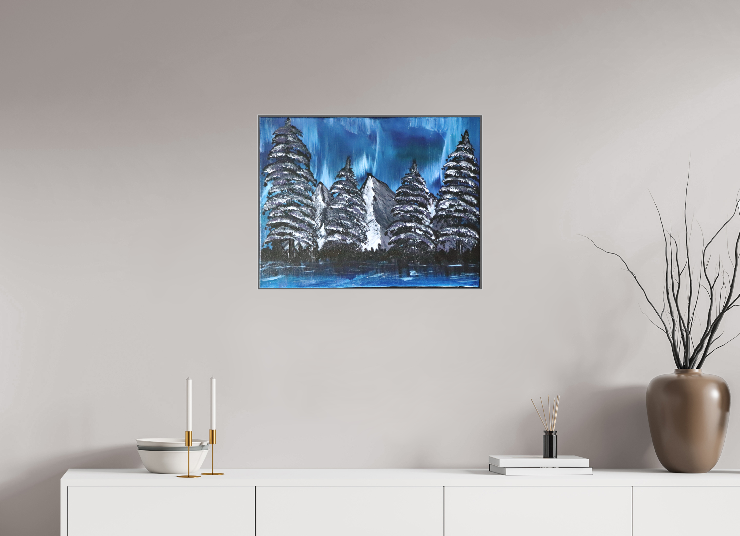 25.8 x 20″, *Aluminum Artbox 1" on fine art paper under acrylic matte glass Blue Borealis - Original Acrylic Landscape Painting