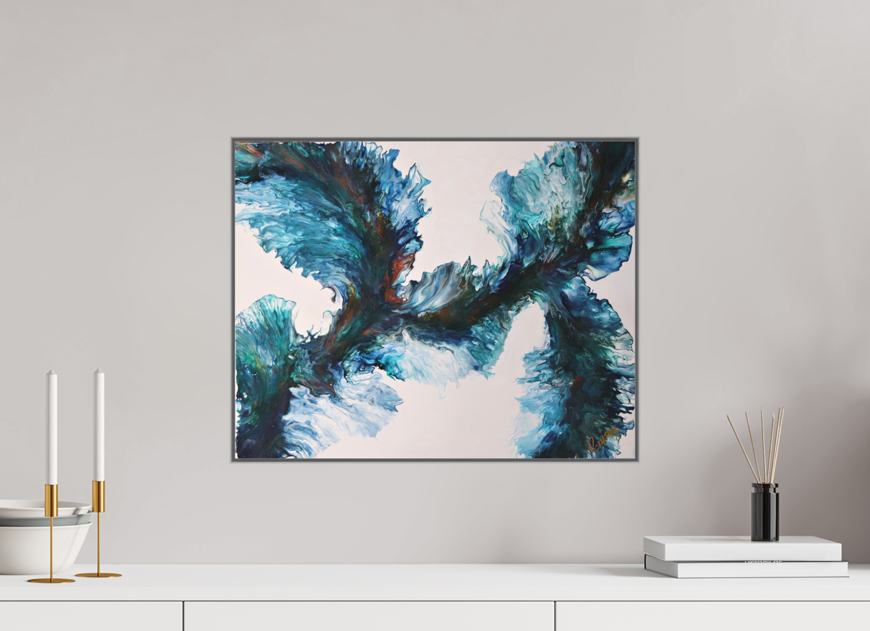20.2 x 16″, *Aluminum Artbox 1" on fine art paper under acrylic matte glass River Blues - Original Dutch Pour Painting