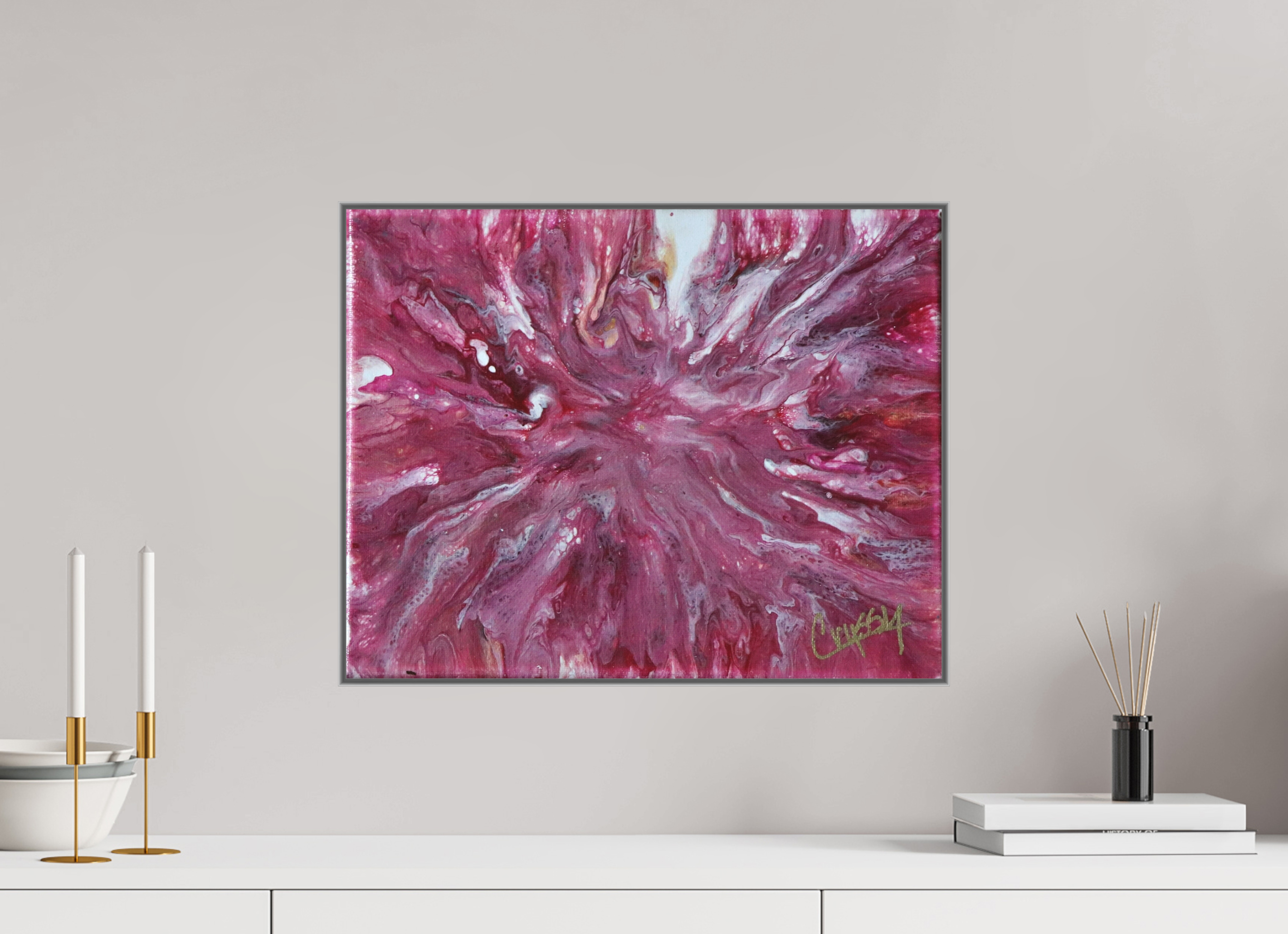 20.3 x 16″, *Aluminum Artbox 1" on fine art paper under acrylic matte glass Pink Explosion - Original Dutch Pour Acrylic Painting