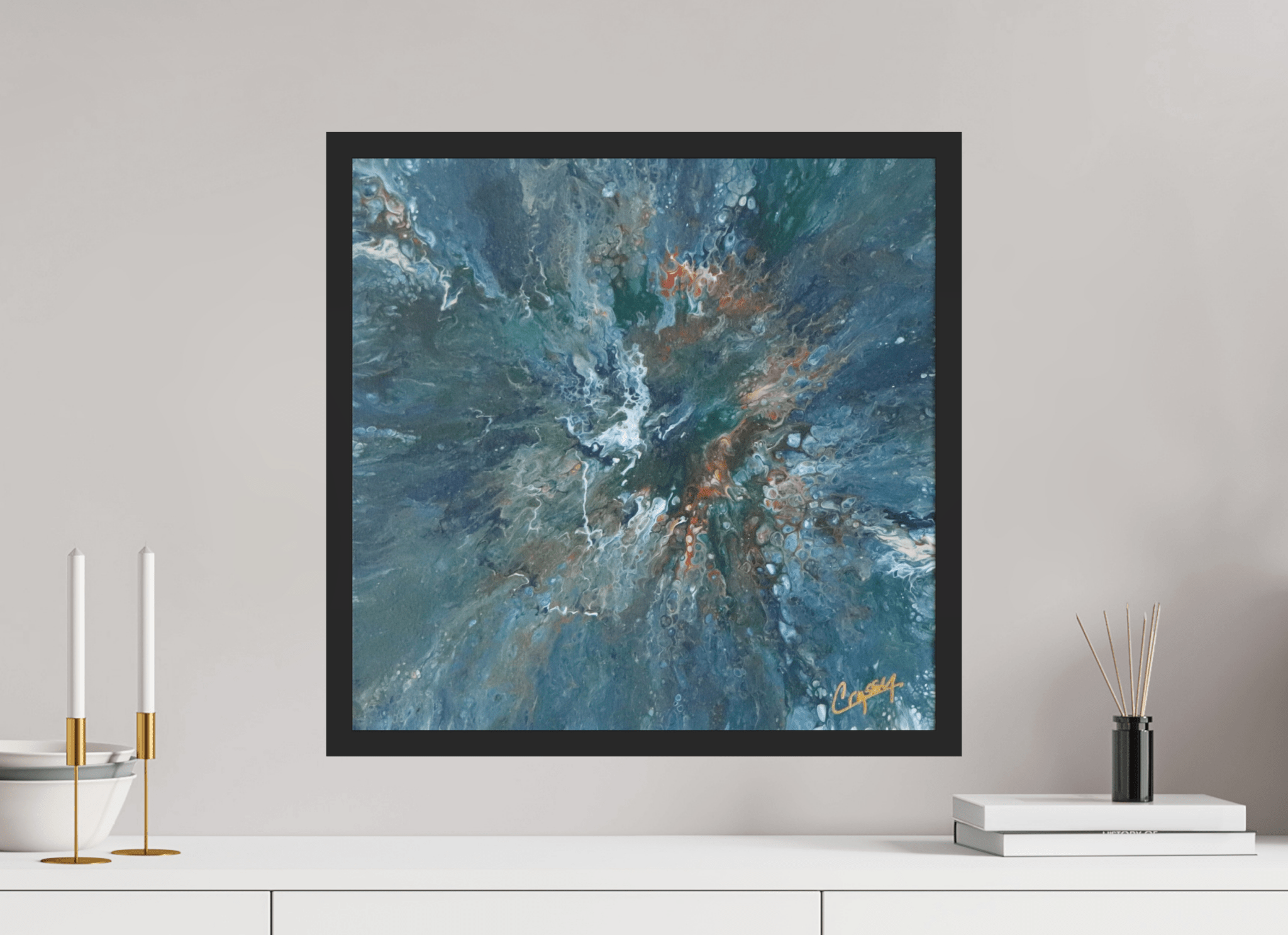 Teal Flux - Original Tilt Pour Painting - The Living Abstract