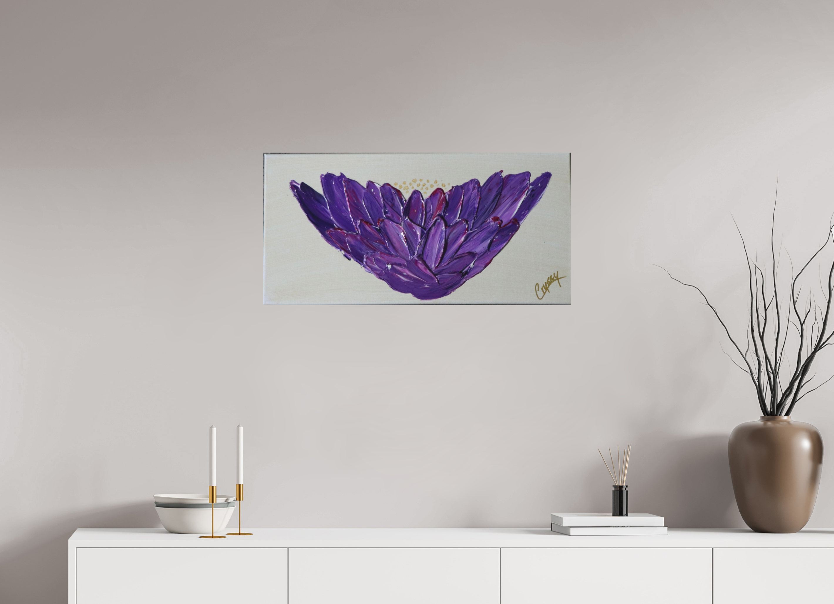 32.2 x 16″, *Photo Print on Fuji Silk with Black Frame Purple Lotus - Textured Acrylic Paint