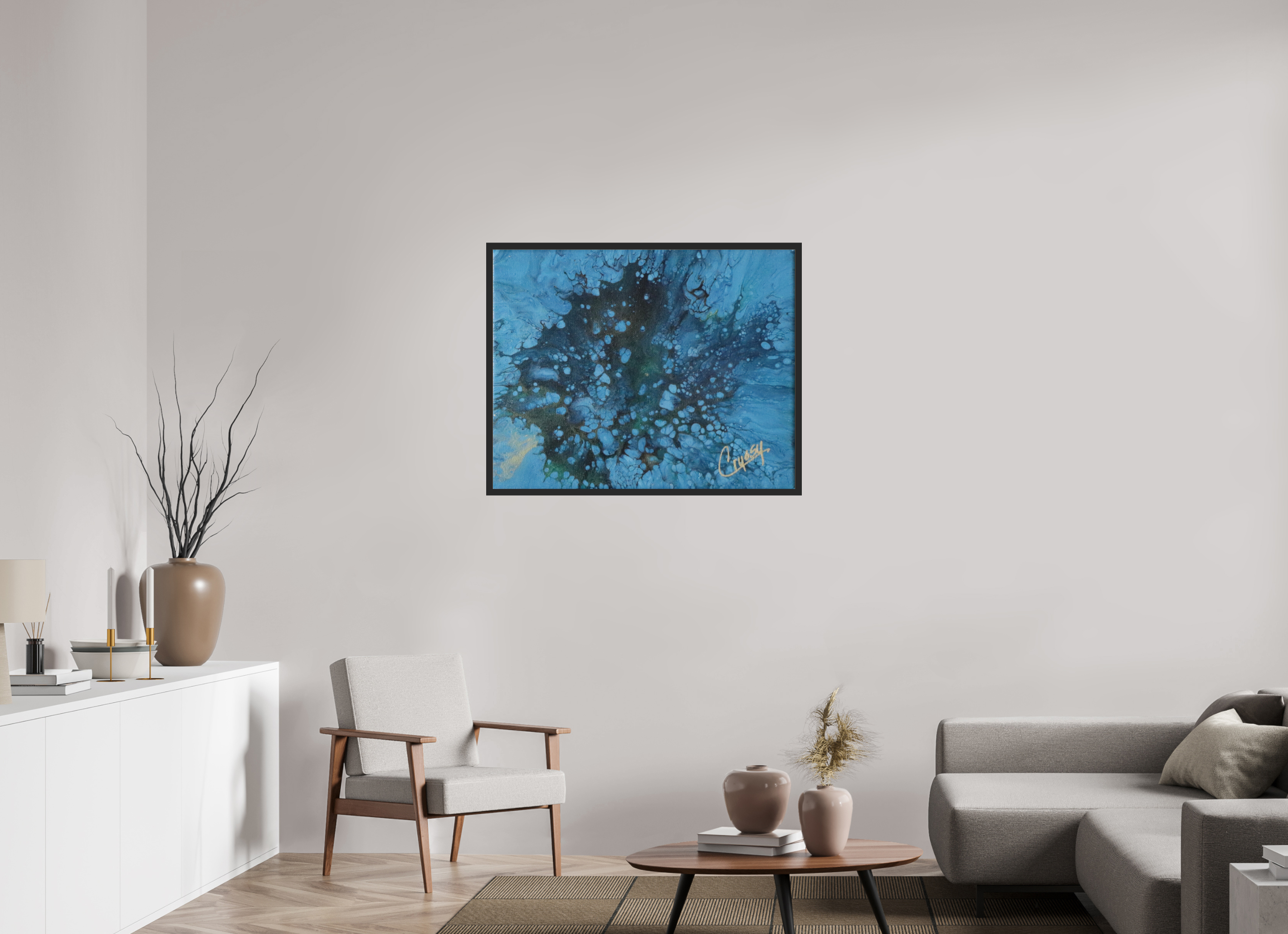 38.9 x 31″, *Photo Print Under Acrylic Glass Black Matte Frame Ocean Bloom - Original Dutch Pour Acrylic Painting