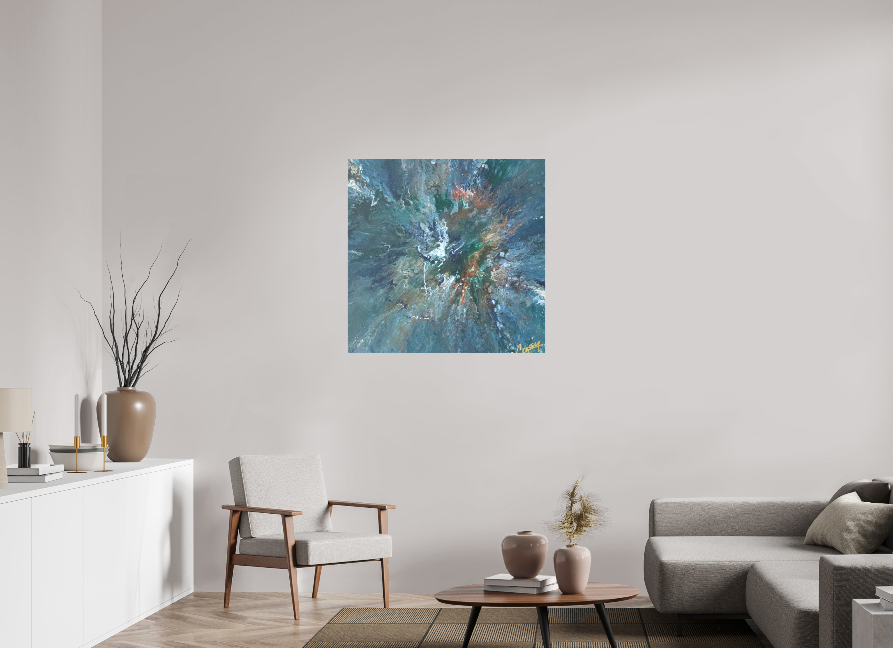 35.7 x 35″, *1.25" Matte Canvas No Frame Teal Flux - Original Tilt Pour Painting