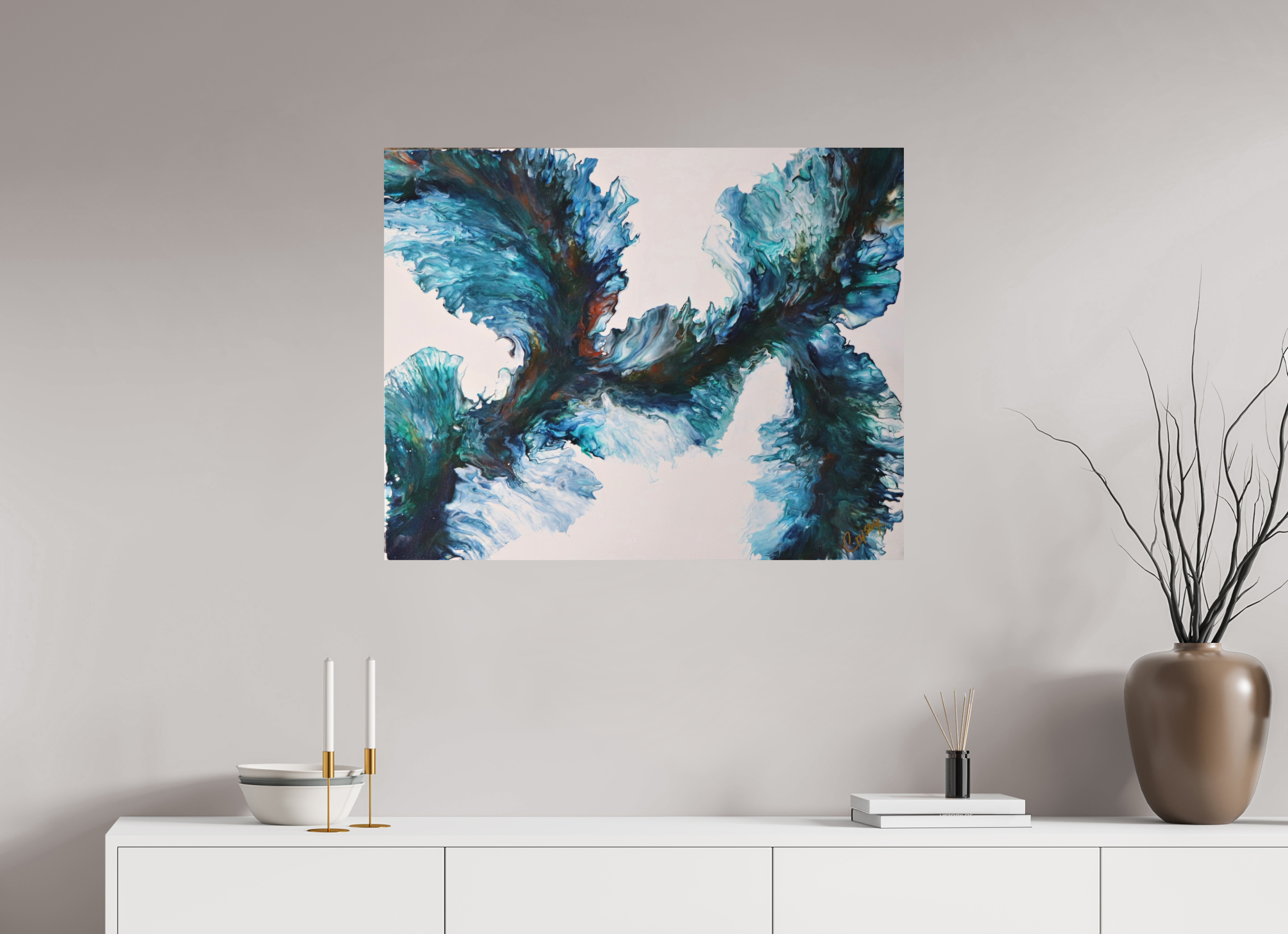 35.3 x 28″, *Photo Print on Fuji Silk Paper No Frame River Blues - Original Dutch Pour Painting