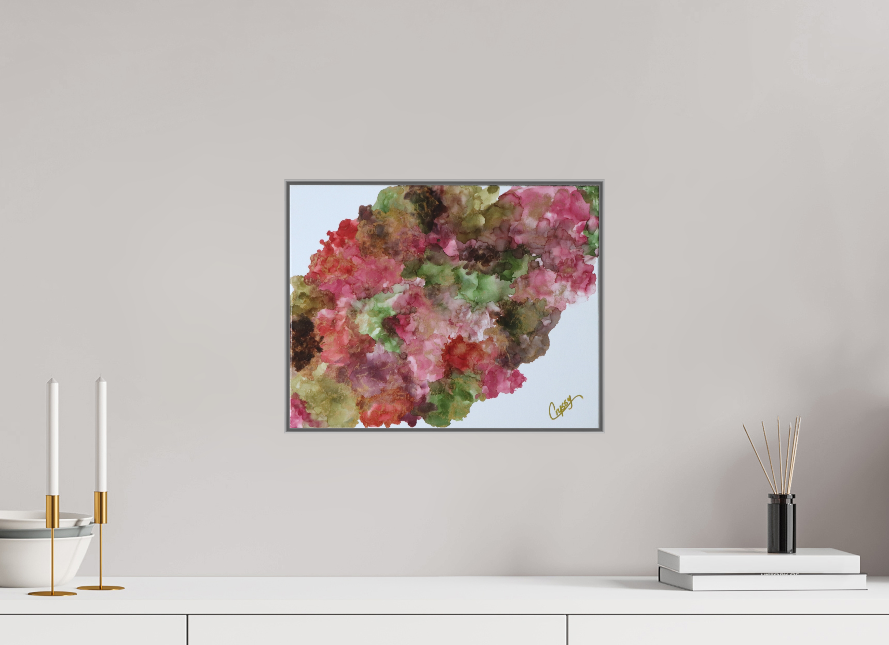 15.3 x 12″, *Aluminum Artbox 1" on fine art paper under acrylic matte glass Floral Density