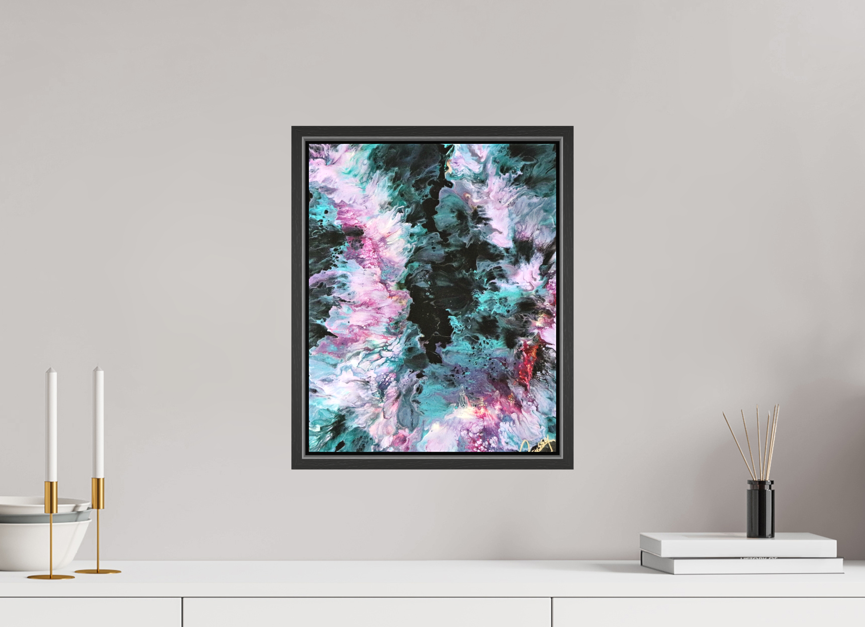 12 x 15.1″, *.7" Matte Canvas with Black Oak Frame Hawaiian Lei - Original Tropical Acrylic Painting