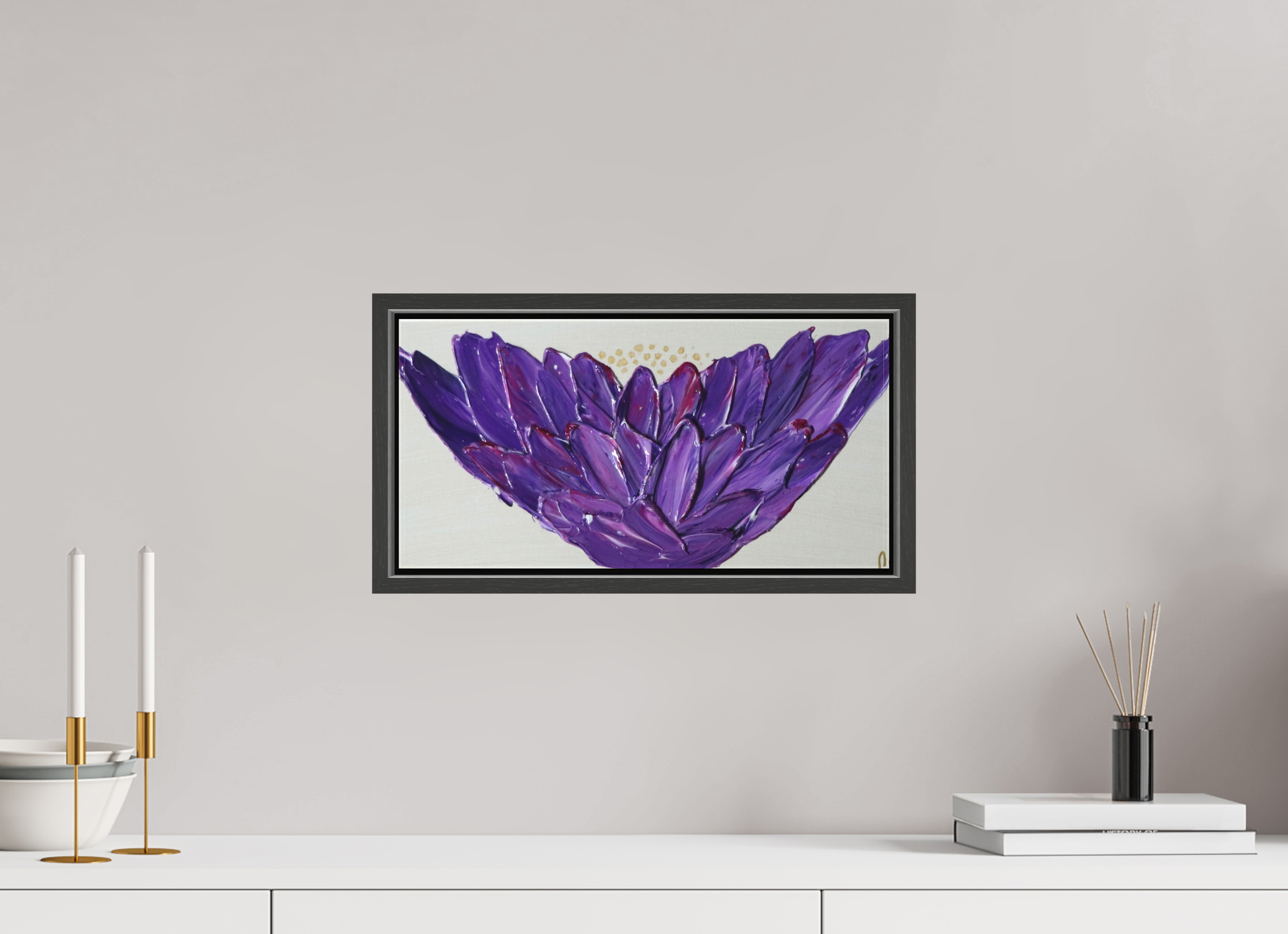 16.1 x 8″, *.7" Matte Canvas with Black Oak Frame Purple Lotus - Textured Acrylic Paint