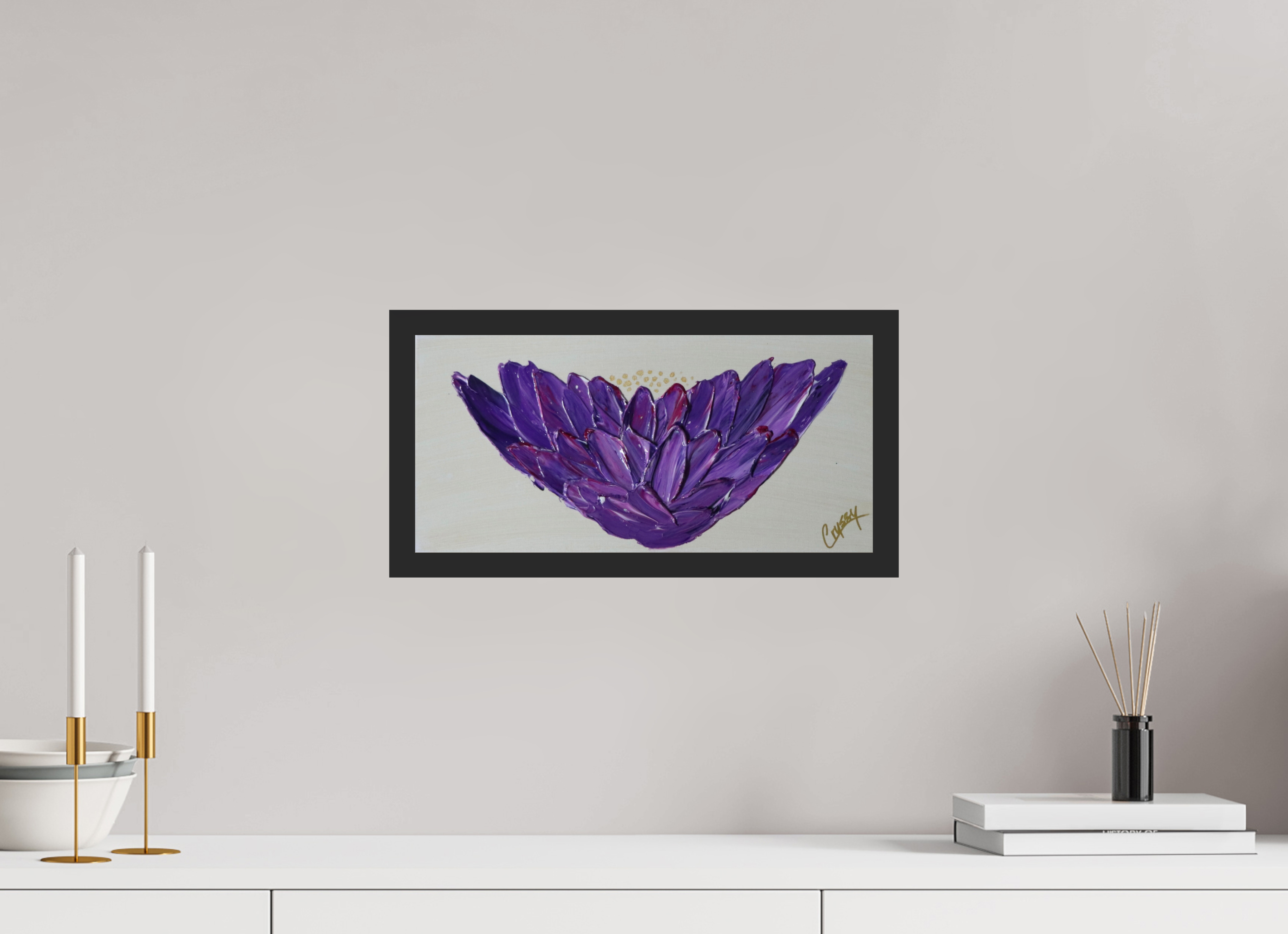 16.1 x 8″, *Photo Print Under Acrylic Glass Black Matte Frame Purple Lotus - Textured Acrylic Paint