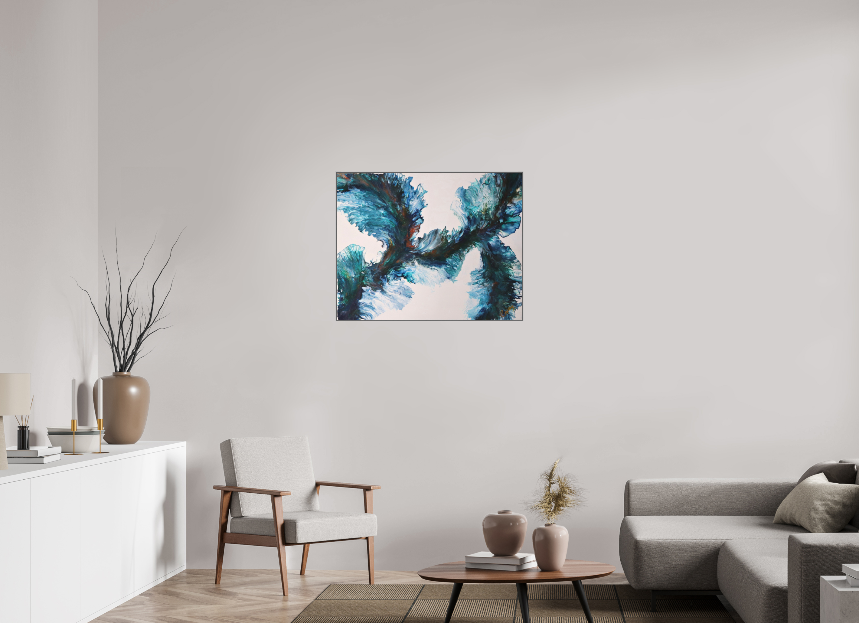 35.3 x 28″, *Aluminum Artbox 1" on fine art paper under acrylic matte glass River Blues - Original Dutch Pour Painting