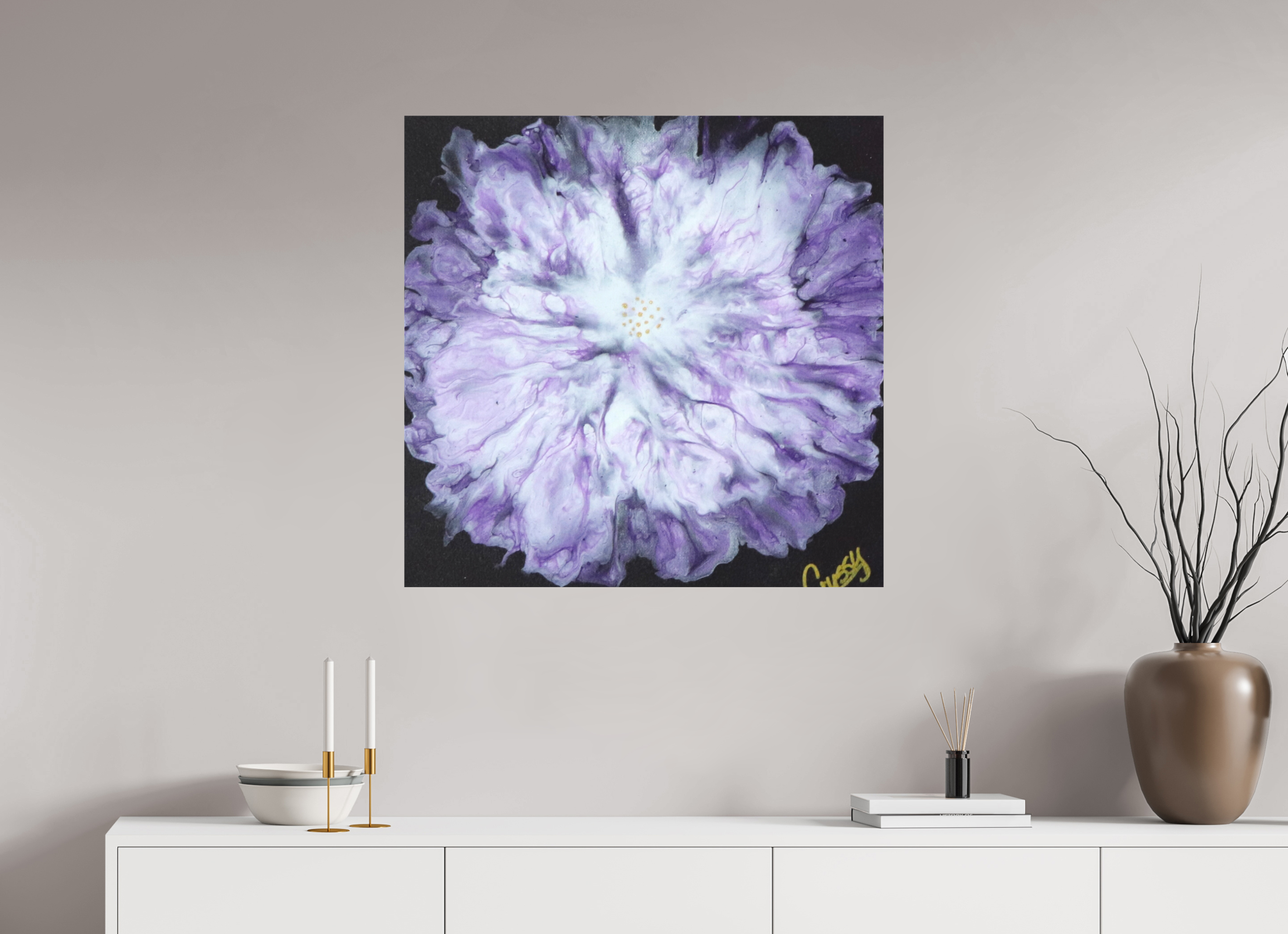 31.5 x 31″, *1.25" Matte Canvas No Frame Purple Paisley - Original Acrylic Dutch Pour Painting