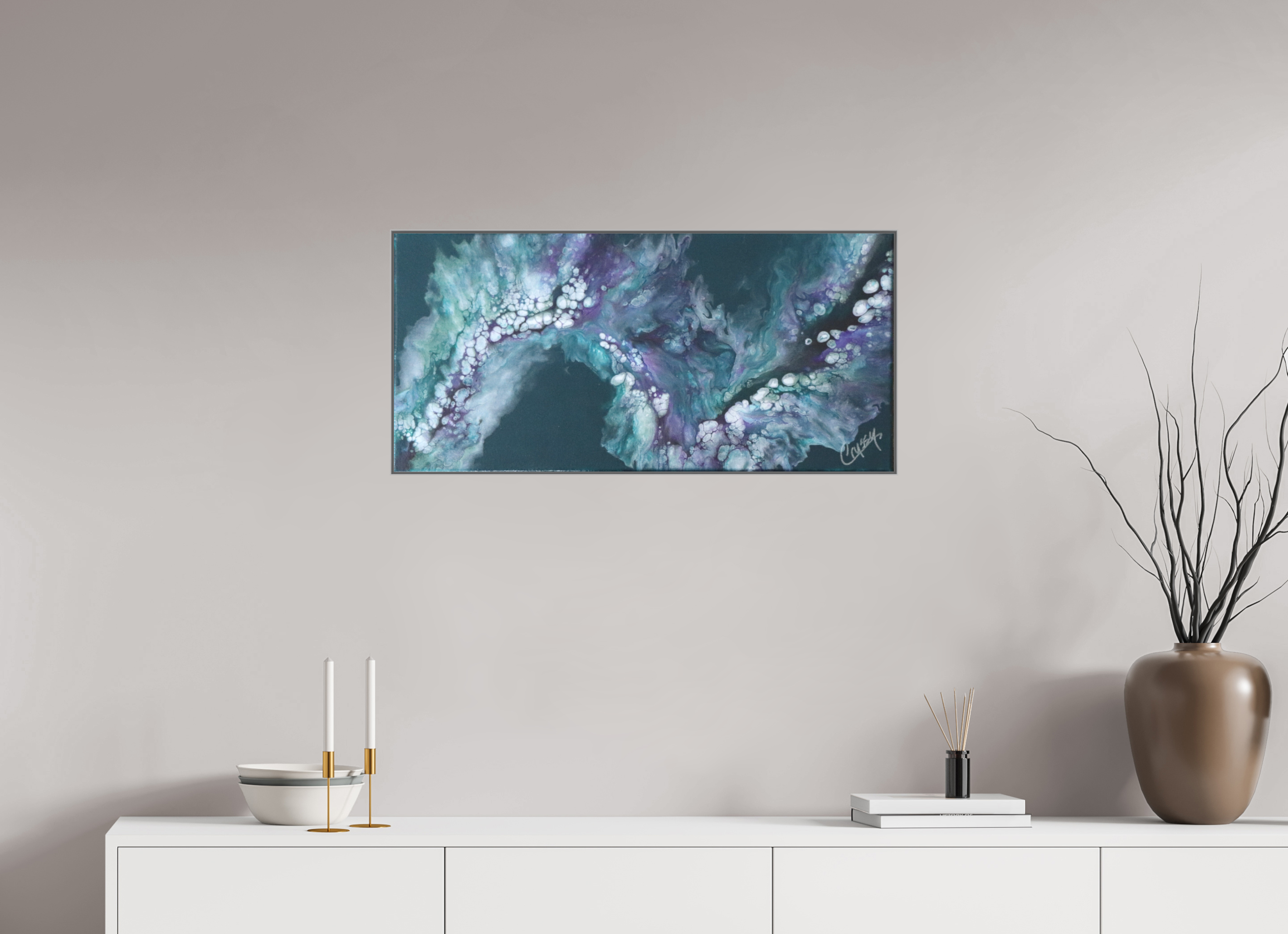 33.5 x 16″, *Aluminum Artbox 1" on fine art paper under acrylic matte glass Teal Tidal Wave
