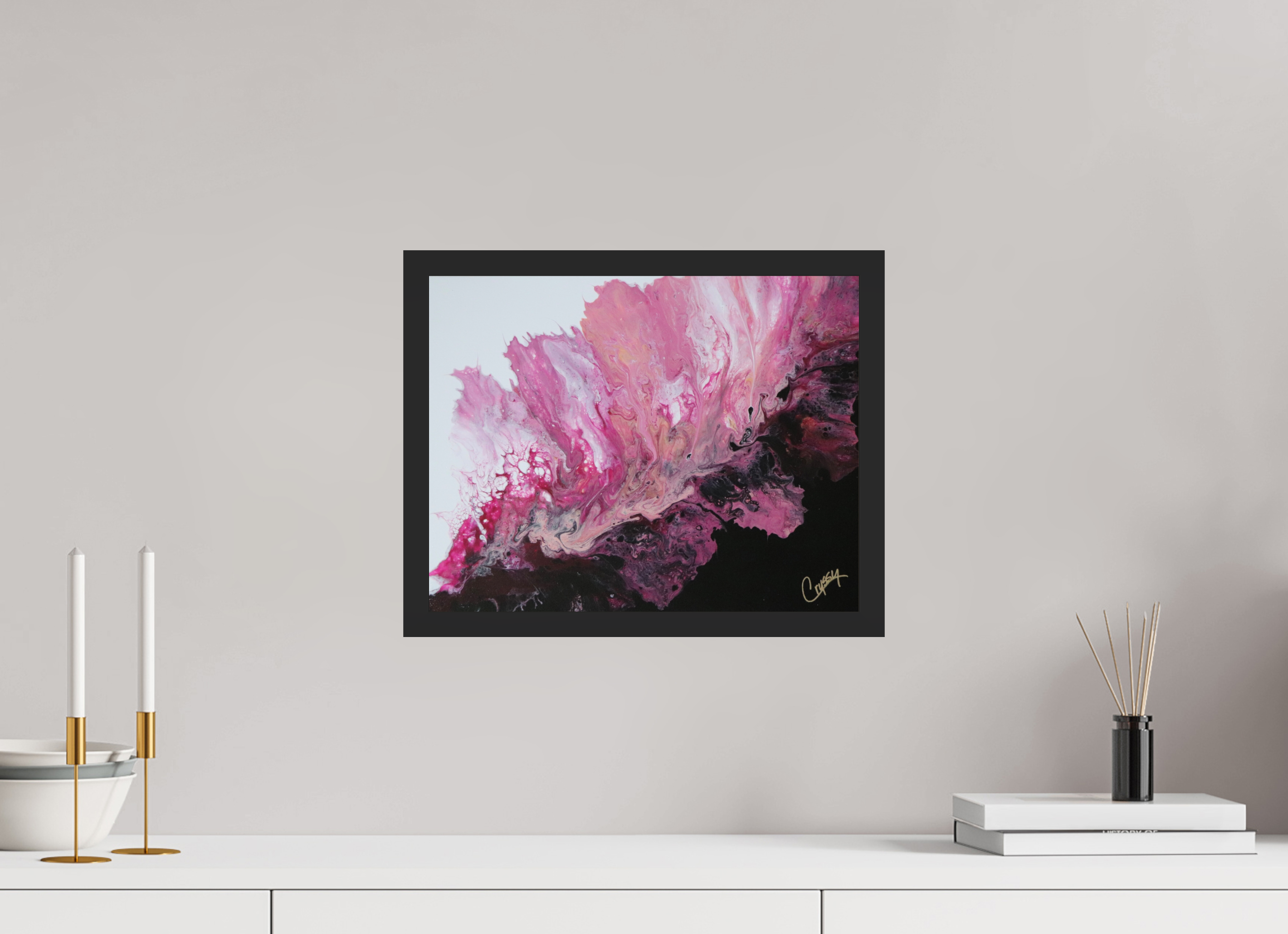 15.2 x 12″, *Photo Print Under Acrylic Glass Black Matte Frame Pink Magma - Original Dutch Pour