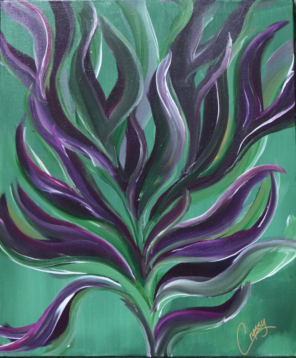 Large botanical abstract acrylic painting by The Living Abstract featuring vibrant, flowing floral and leaf motifs in bold colors.