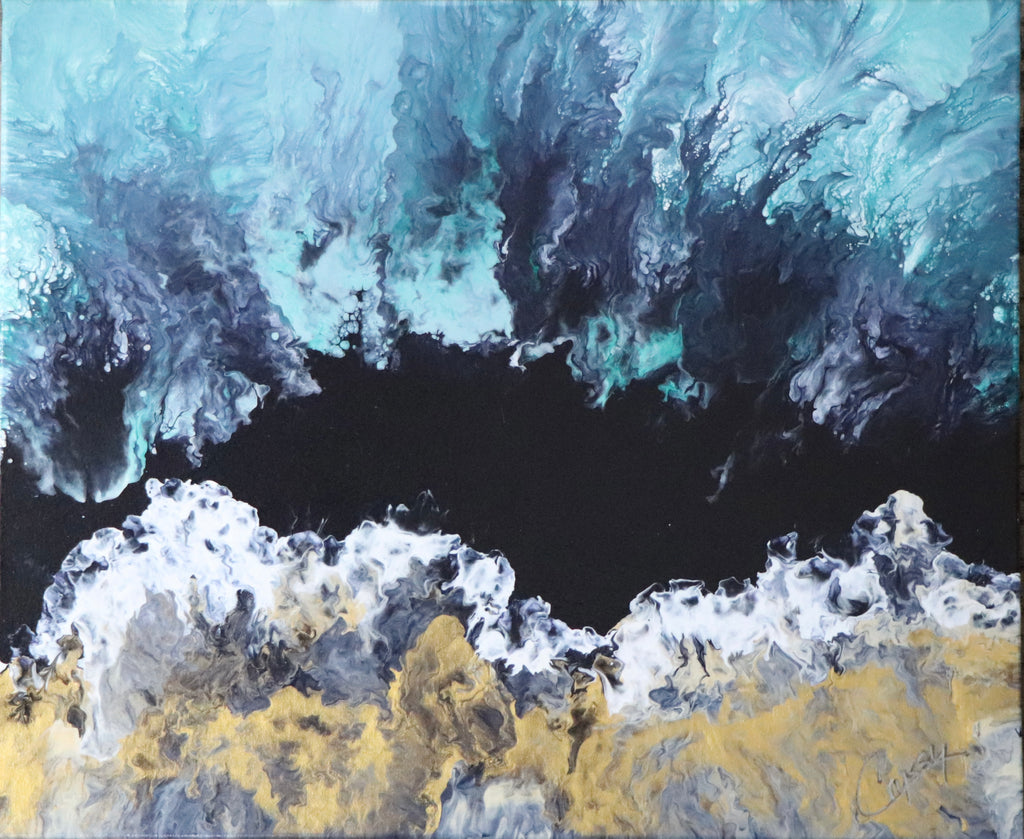 Original Dutch pour acrylic painting titled Blue Chaos by The Living Abstract, featuring vibrant blue abstract art on canvas.