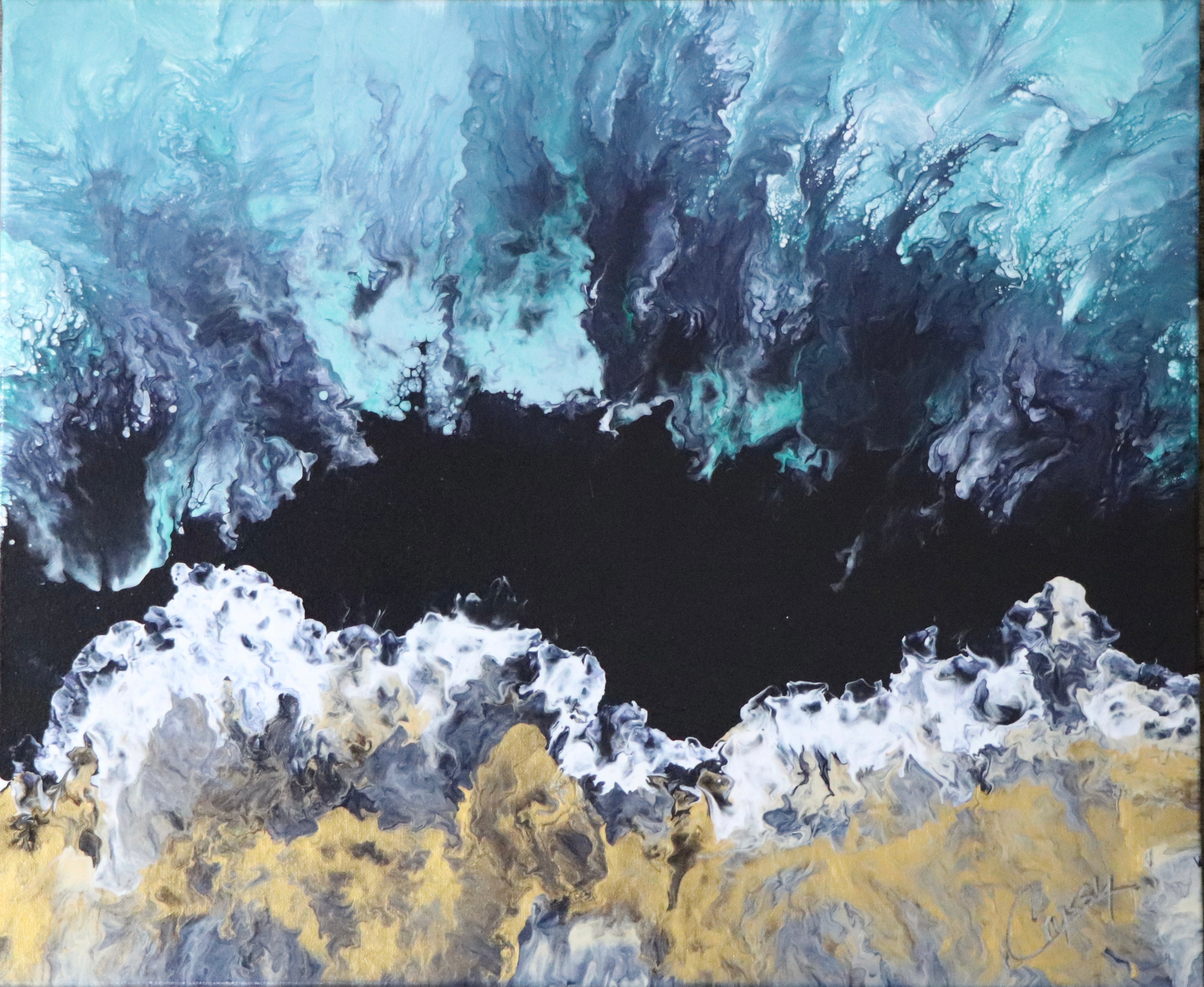 Original Dutch pour acrylic painting titled Blue Chaos by The Living Abstract, featuring vibrant blue abstract art on canvas.