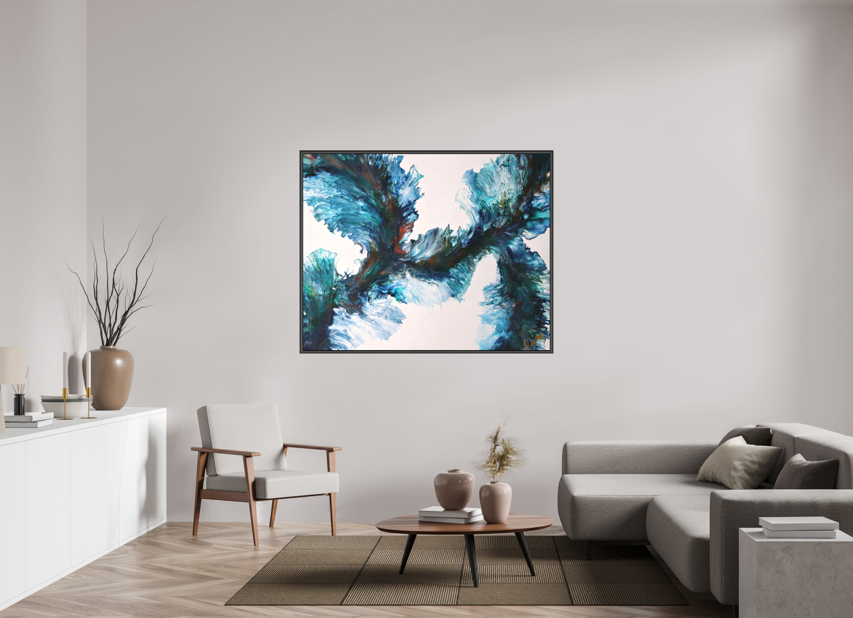 59.2 x 47″, *.7" Matte Canvas with Black Oak Frame River Blues - Original Dutch Pour Painting
