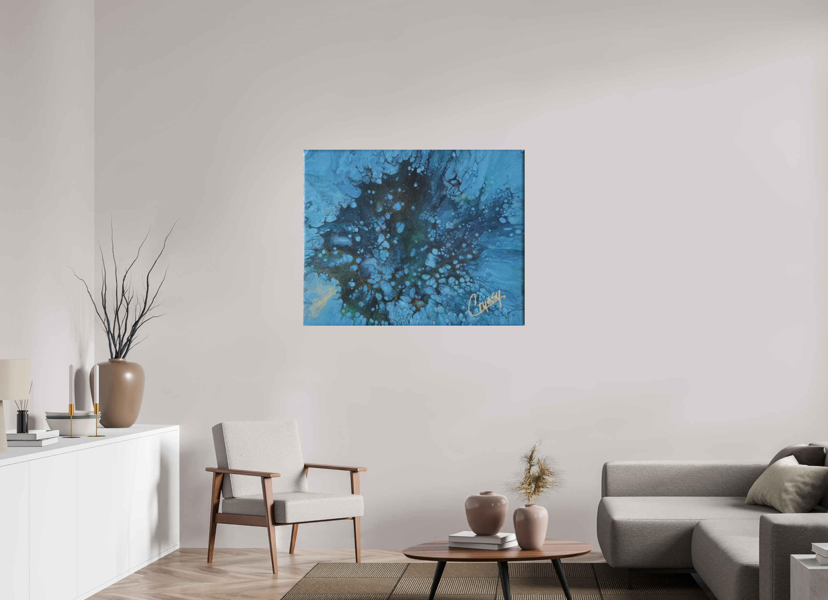 44 x 35″, *Photo Print on Fuji Silk with Black Frame Ocean Bloom - Original Dutch Pour Acrylic Painting