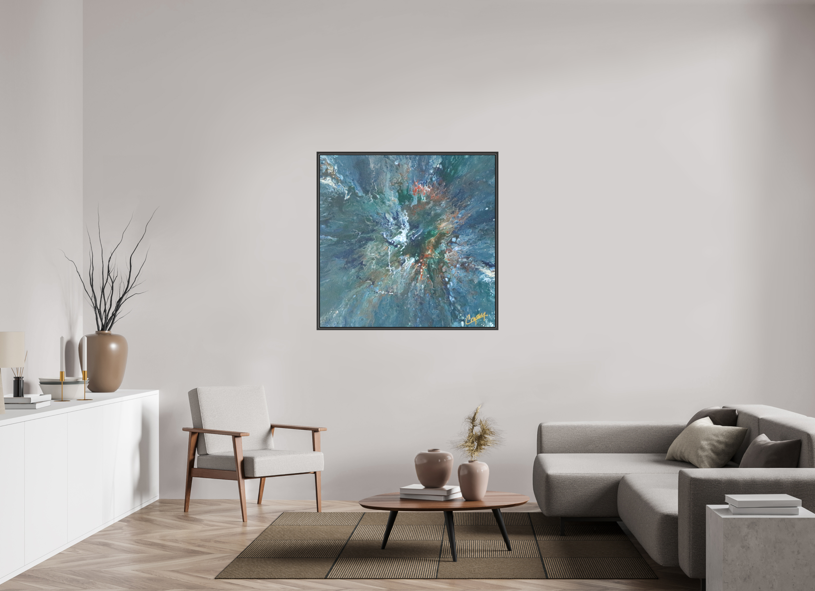 43.8 x 43″, *.7" Matte Canvas with Black Oak Frame Teal Flux - Original Tilt Pour Painting