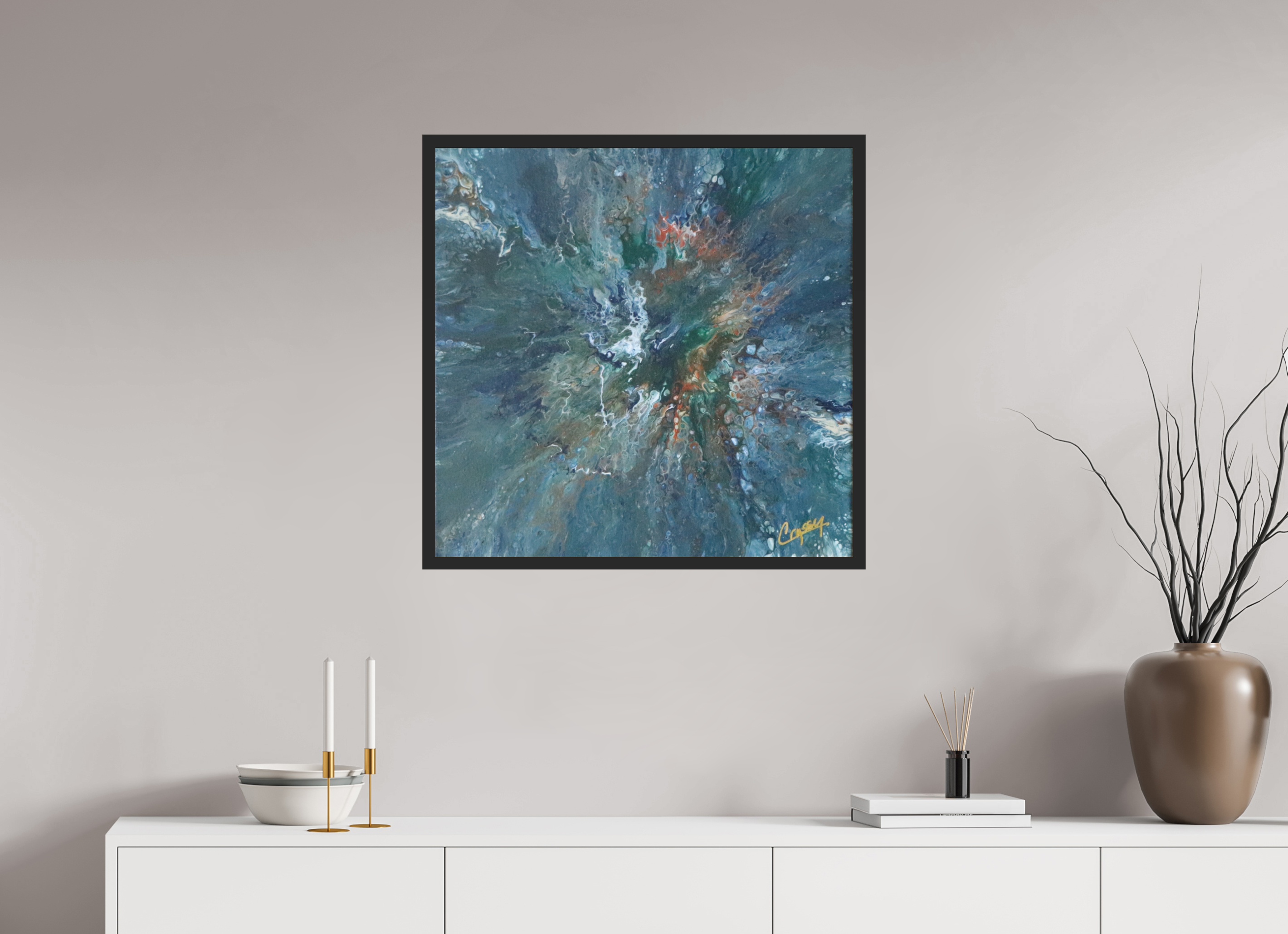 28.5 x 28″, *Photo Print Under Acrylic Glass Black Matte Frame Teal Flux - Original Tilt Pour Painting