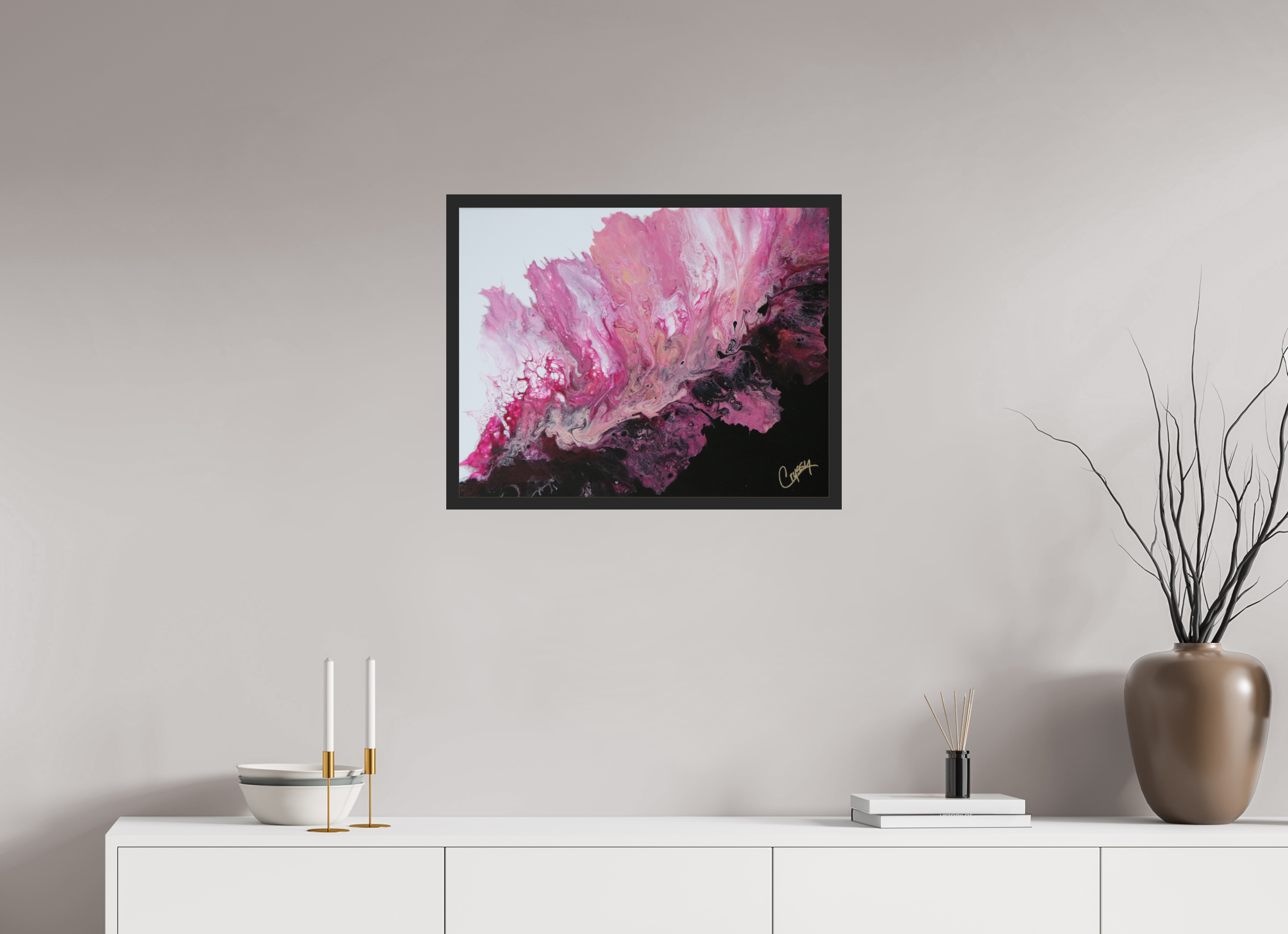 25.4 x 20″, *Photo Print Under Acrylic Glass Black Matte Frame Pink Magma - Original Dutch Pour