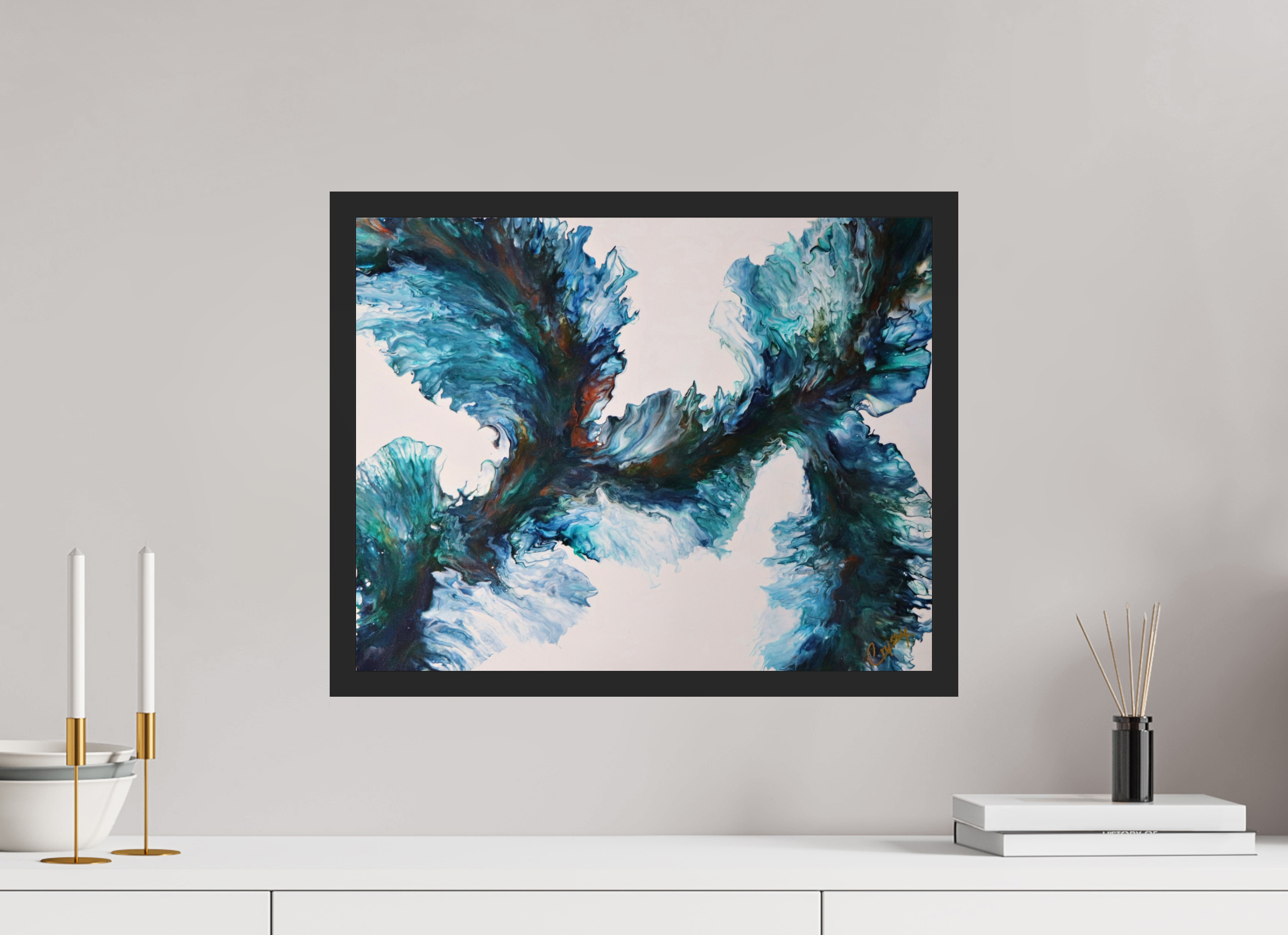 20.2 x 16″, *Photo Print Under Acrylic Glass Black Matte Frame River Blues - Original Dutch Pour Painting