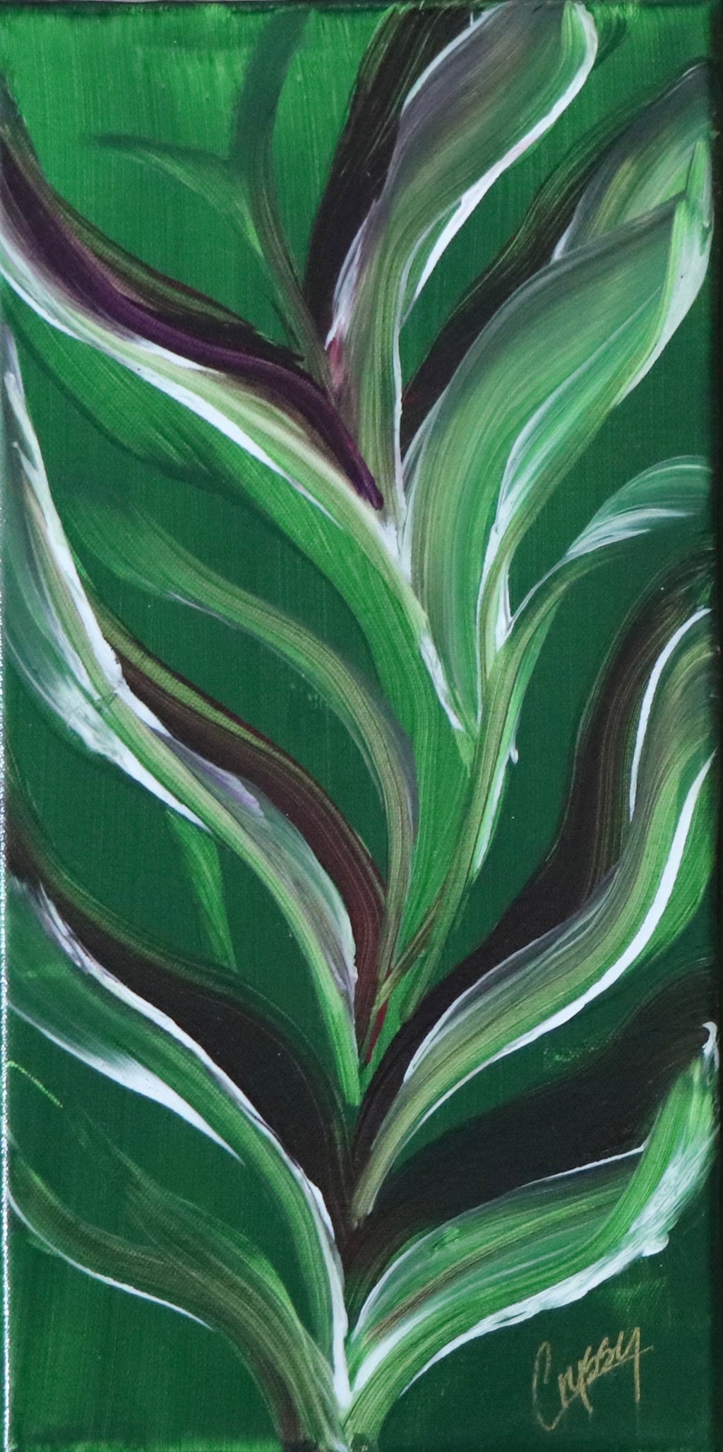 Small Botanical abstract acrylic painting by The Living Abstract featuring vibrant botanical shapes and colorful, textured brushstrokes.