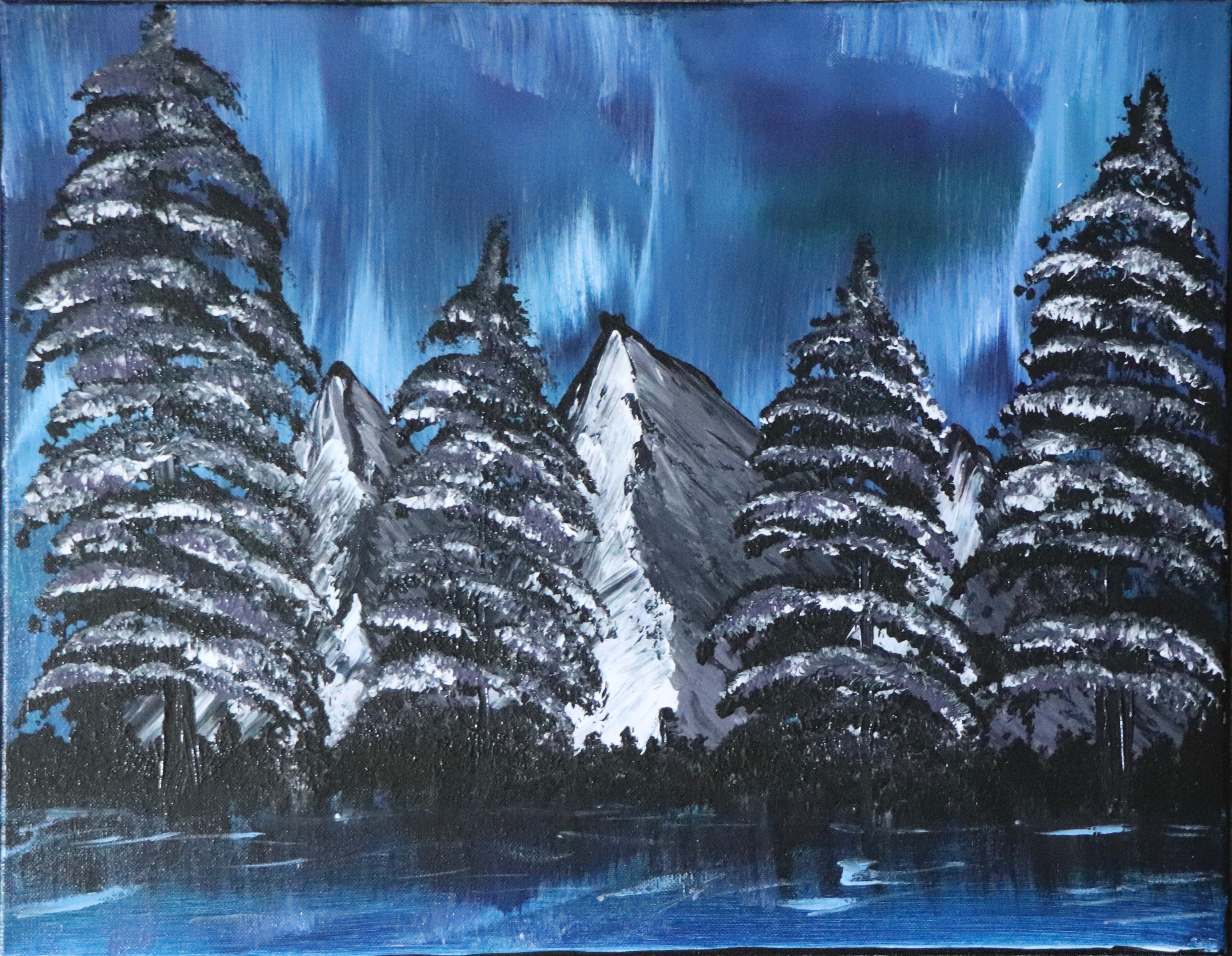 Original acrylic landscape painting titled Blue Borealis by The Living Abstract, featuring vibrant blue and abstract mountain scenery.