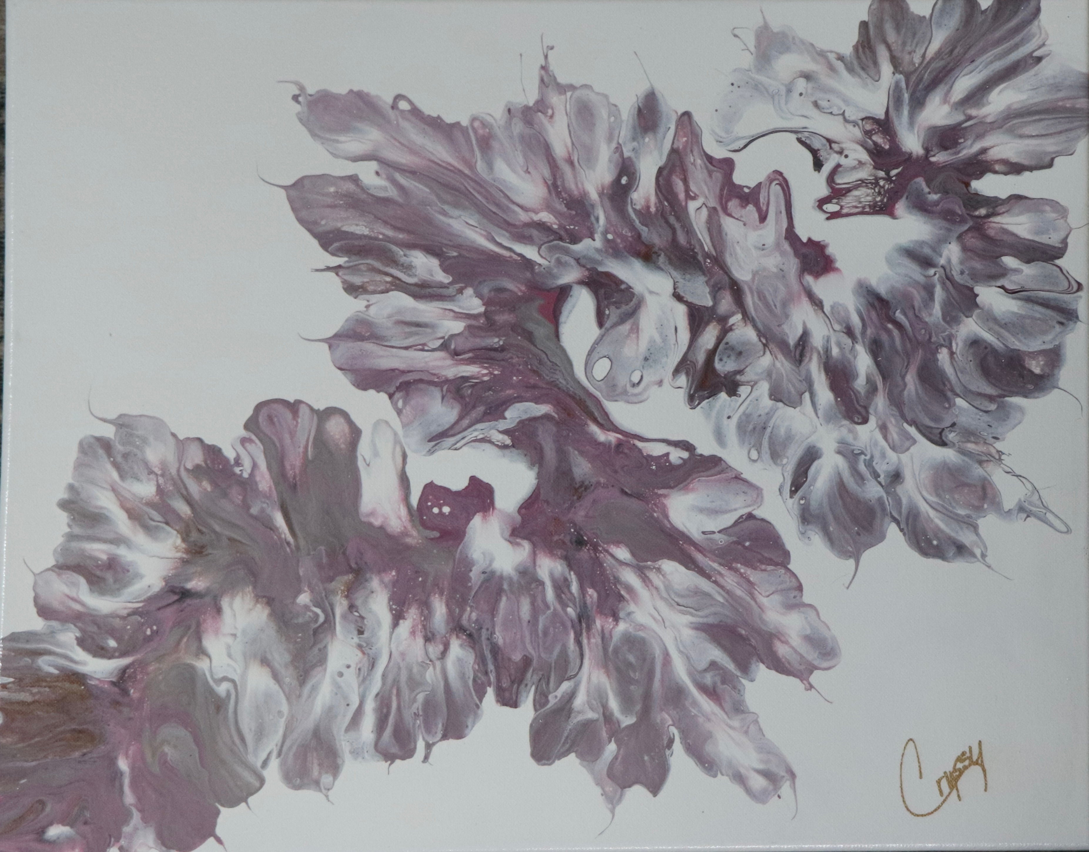 Pink Dragon original Dutch pour painting by The Living Abstract featuring lavender hues and abstract dragon imagery.