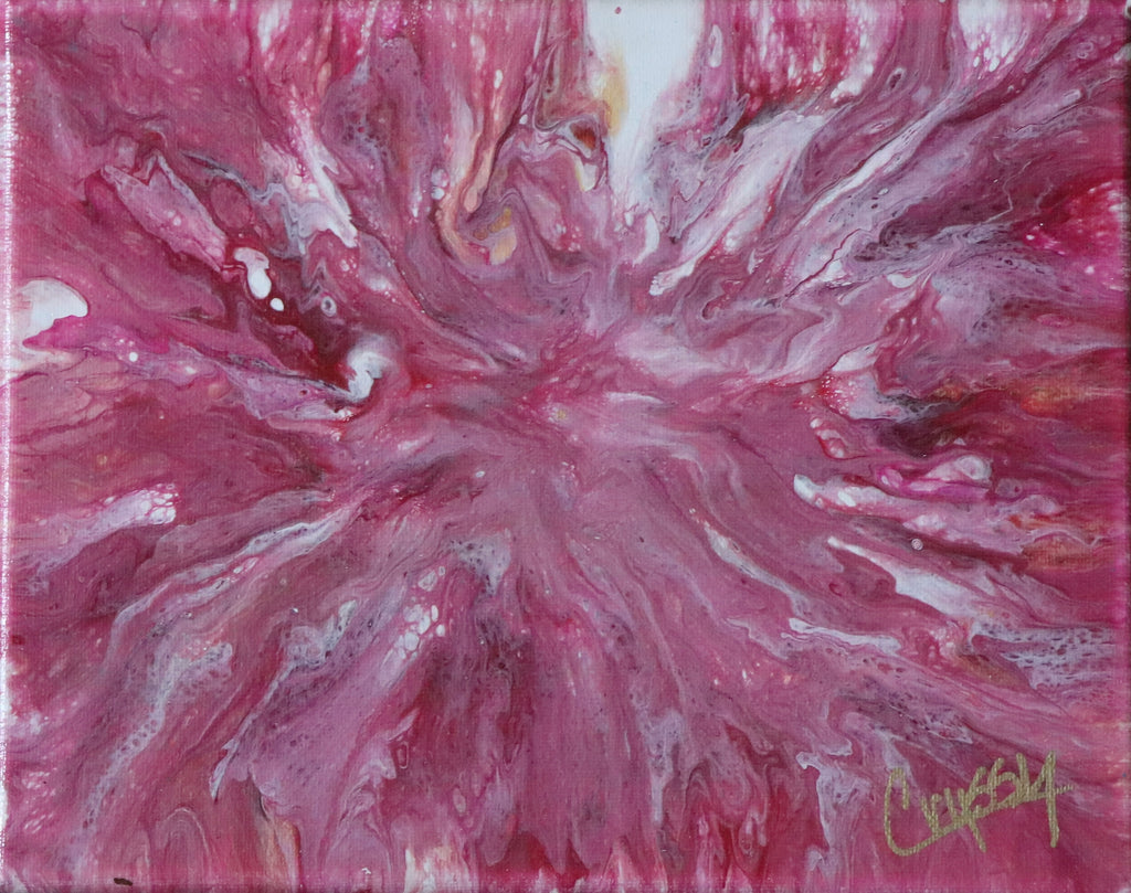 Original Dutch acrylic painting titled Pink Explosion by The Living Abstract, featuring vibrant pink and abstract swirling patterns.