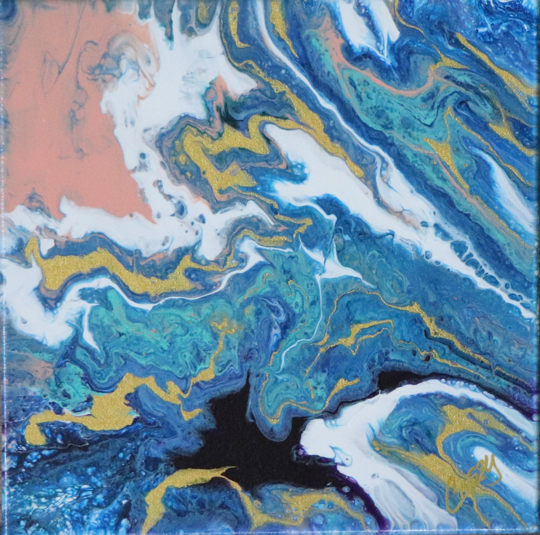 Coastal Blush original Dutch pour painting by The Living Abstract featuring vibrant abstract coastal-inspired artwork.