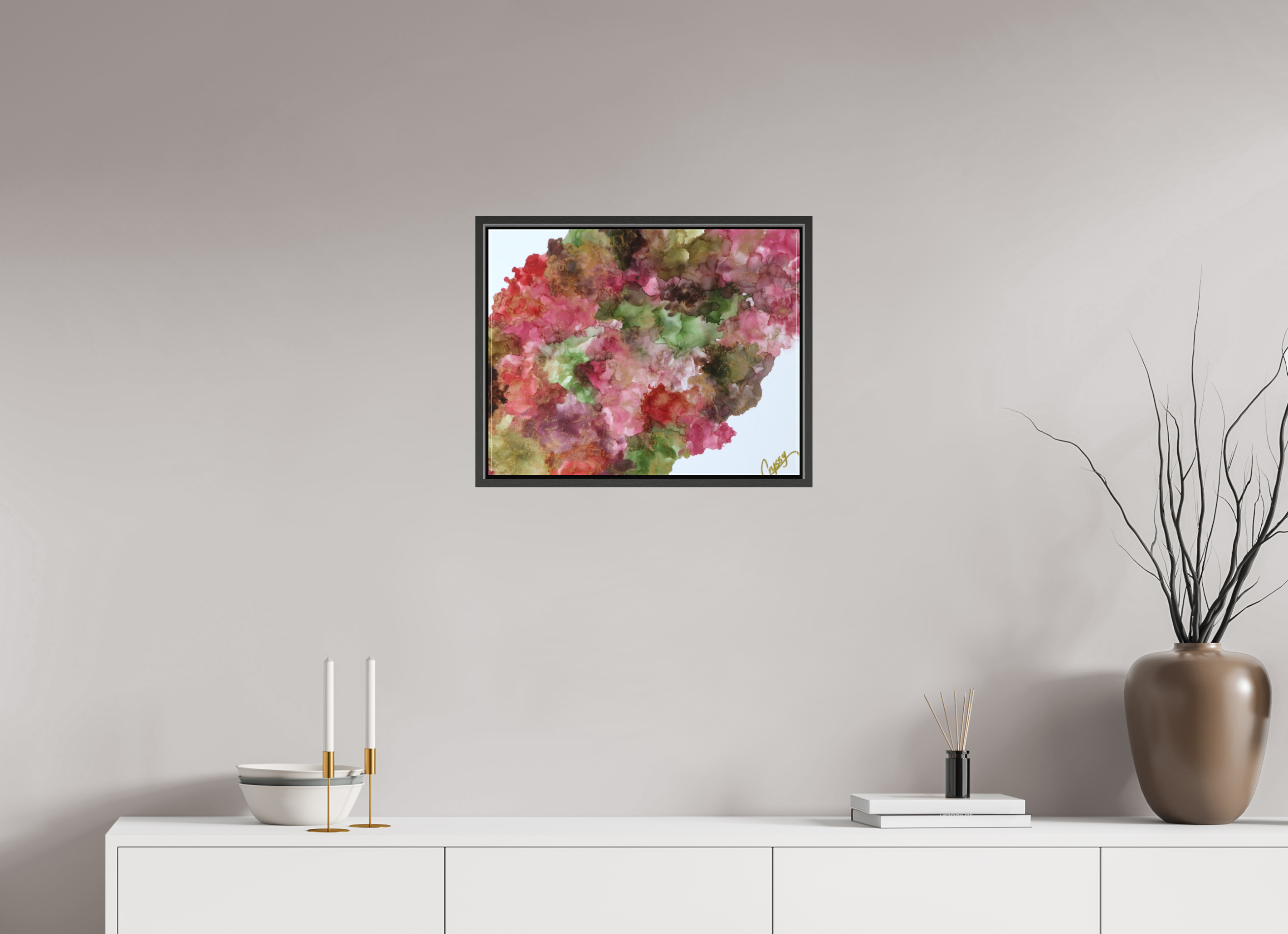 20.4 x 16″, *.7" Matte Canvas with Black Oak Frame Floral Density