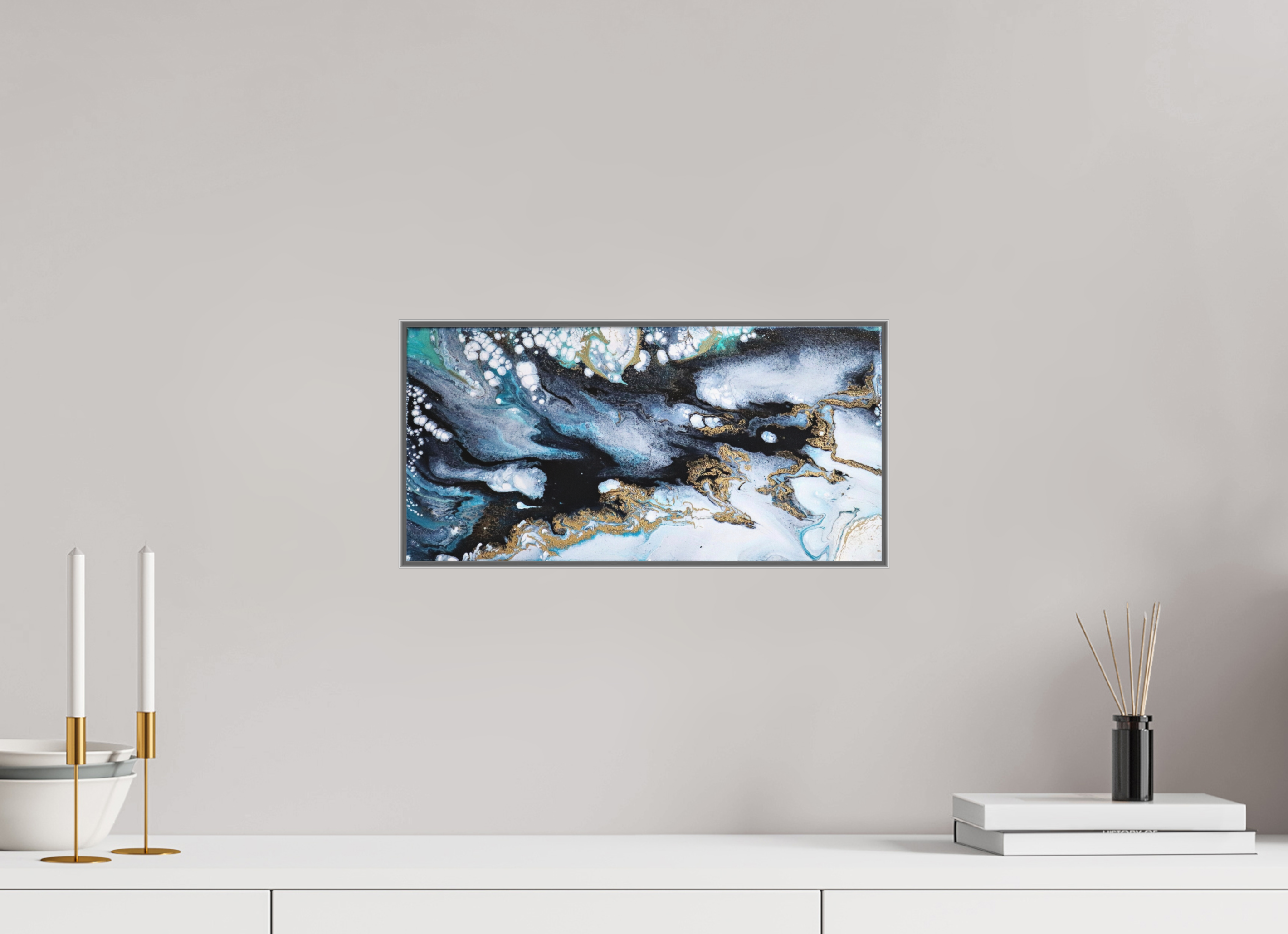 16.2 x 8″, *Aluminum Artbox 1" on fine art paper under acrylic matte glass Ocean Blues - Original Acrylic Tip Pour